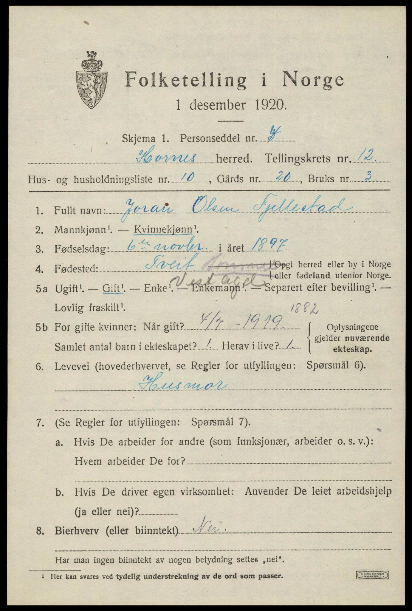 SAK, 1920 census for Hornnes, 1920, p. 3001