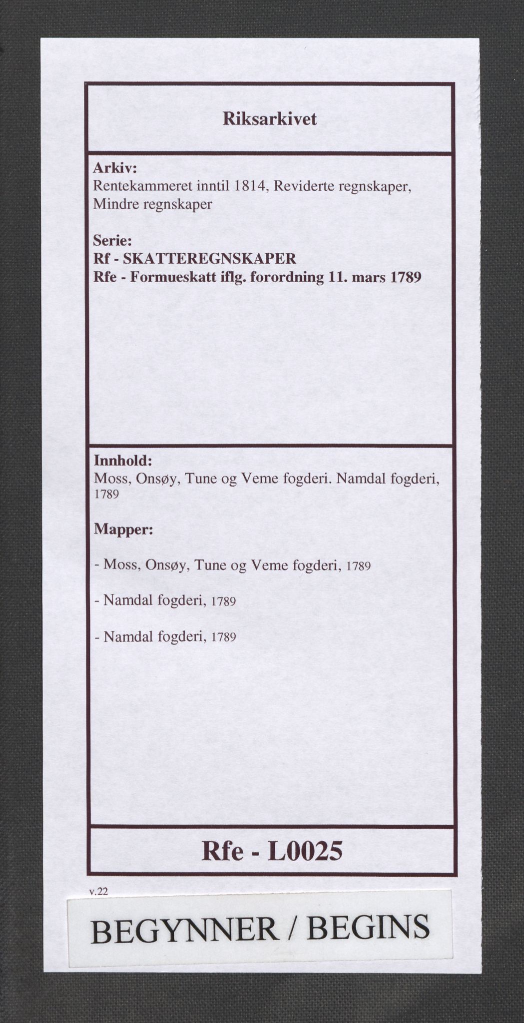 Rentekammeret inntil 1814, Reviderte regnskaper, Mindre regnskaper, AV/RA-EA-4068/Rf/Rfe/L0025: Moss, Onsøy, Tune og Veme fogderi. Namdal fogderi, 1789, p. 1