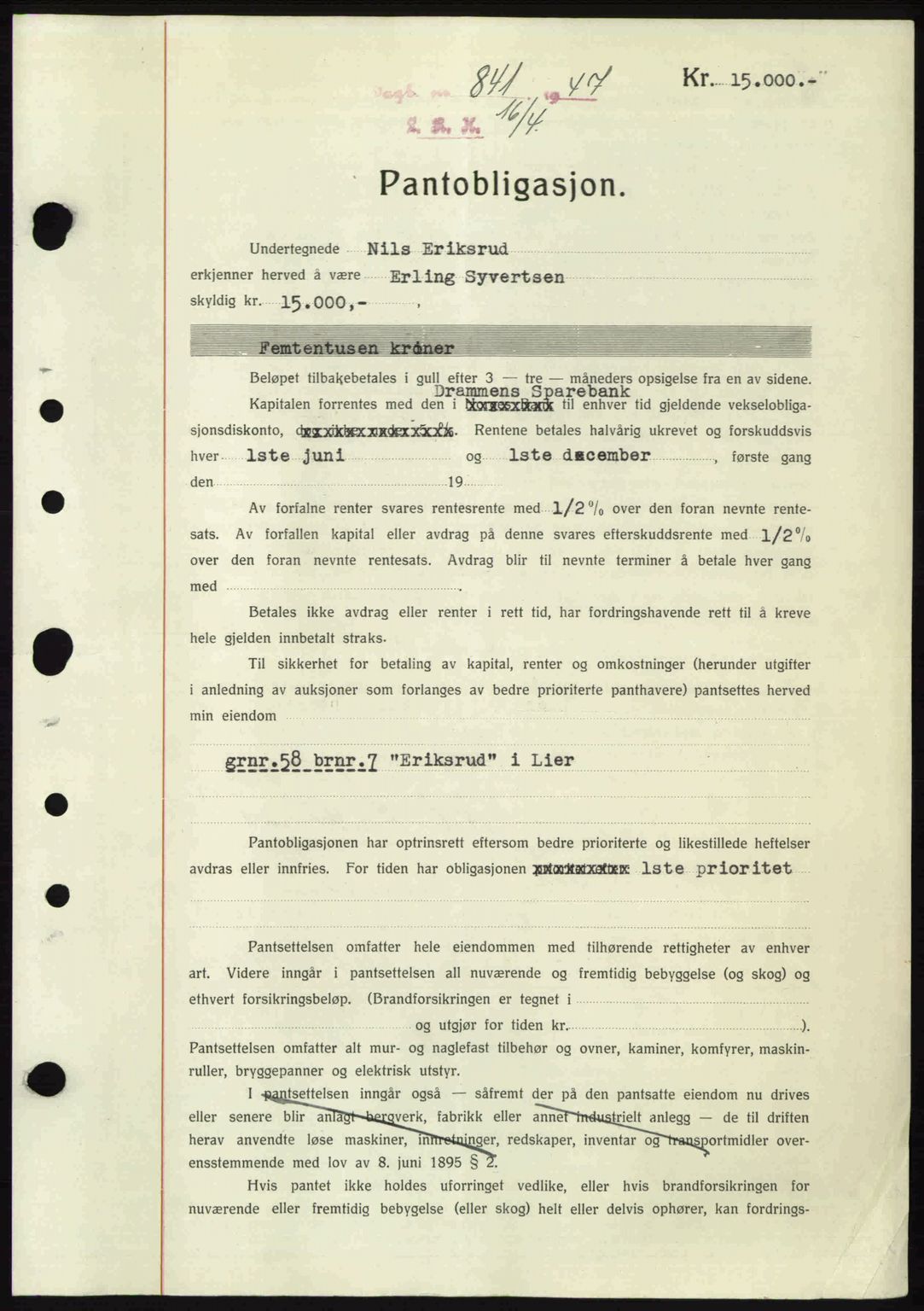 Lier, Røyken og Hurum sorenskriveri, SAKO/A-89/G/Ga/Gab/L0089: Mortgage book no. 89, 1947-1947, Diary no: : 841/1947