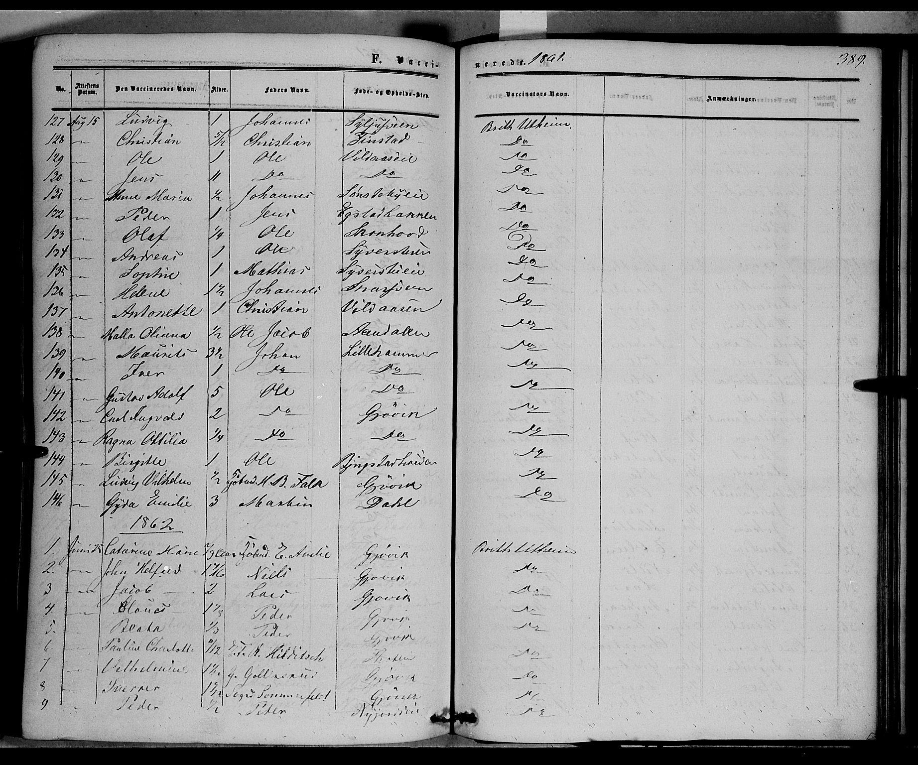 Vardal prestekontor, SAH/PREST-100/H/Ha/Haa/L0006: Parish register (official) no. 6, 1854-1866, p. 389