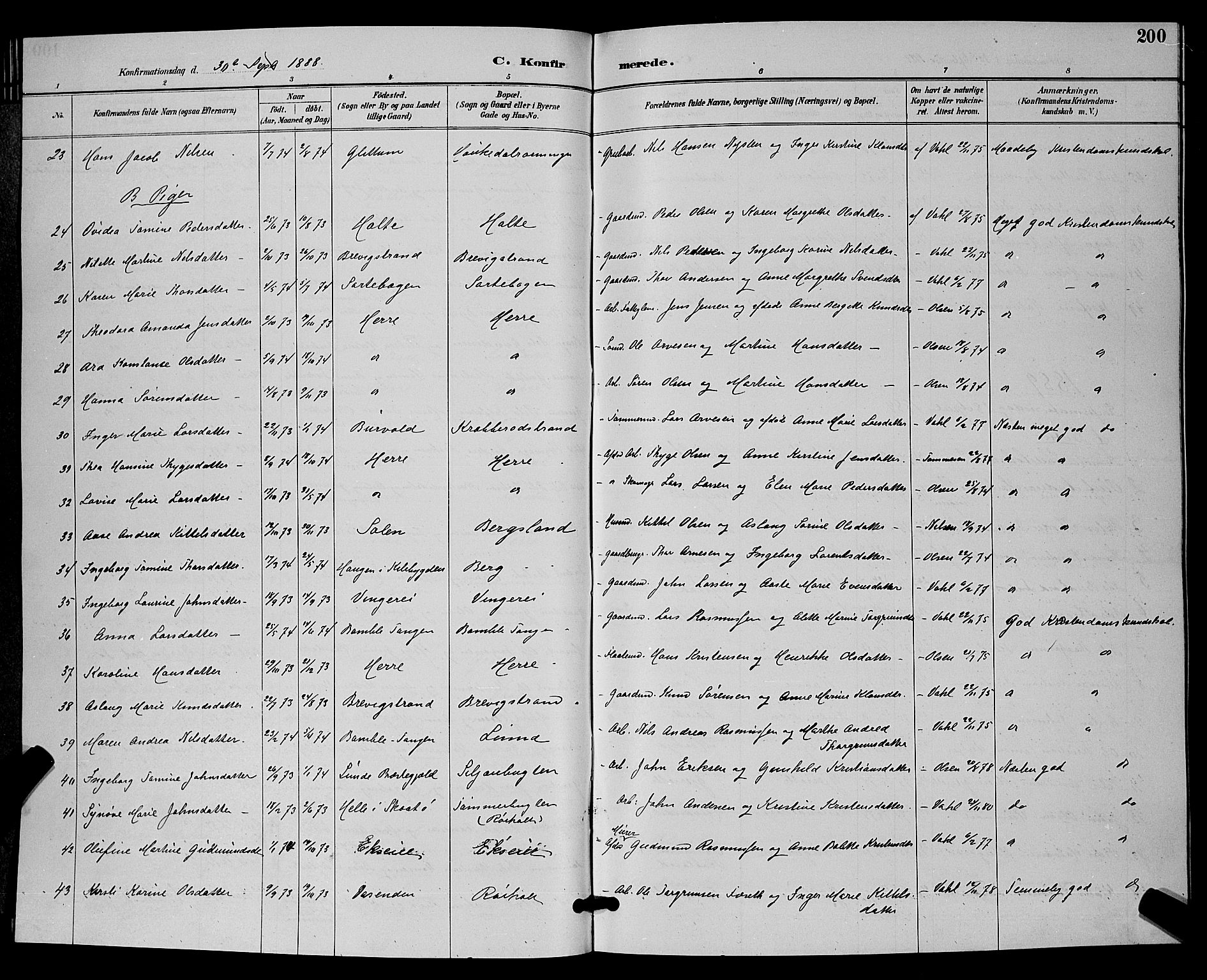 Bamble kirkebøker, AV/SAKO-A-253/G/Ga/L0009: Parish register (copy) no. I 9, 1888-1900, p. 200