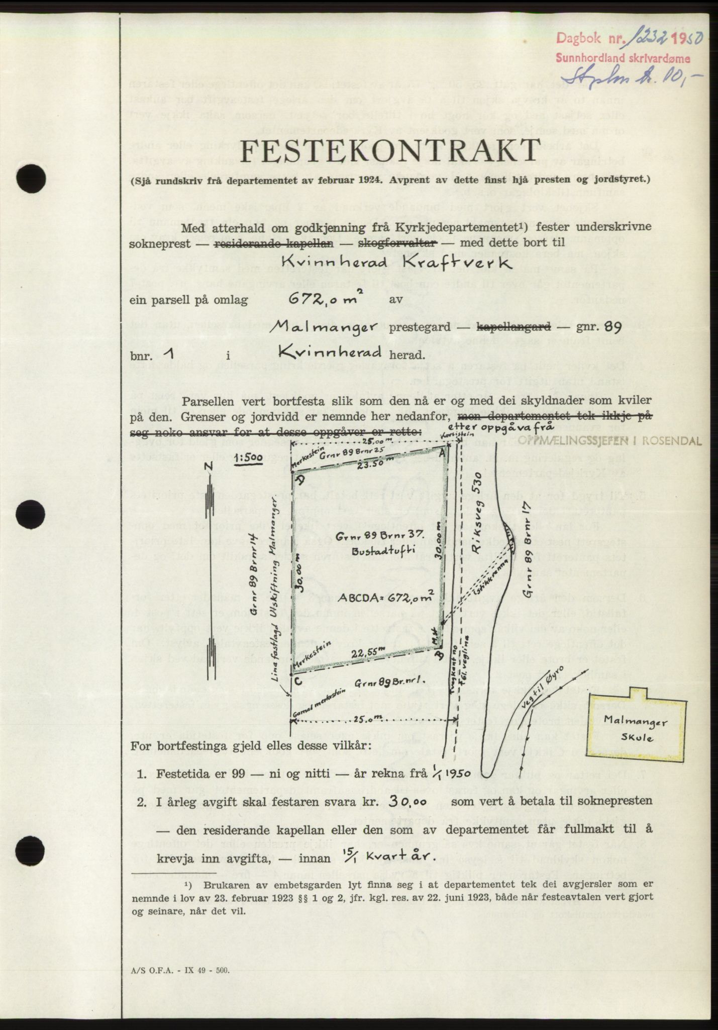 Sunnhordland sorenskrivar, AV/SAB-A-2401: Mortgage book no. B75-79, 1948-1950, Diary no: : 1232/1950