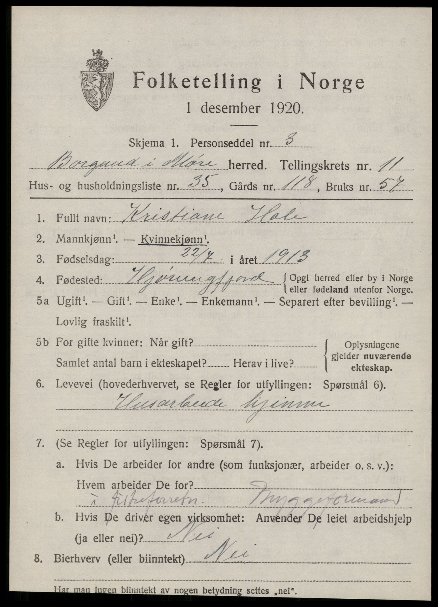 SAT, 1920 census for Borgund, 1920, p. 10320