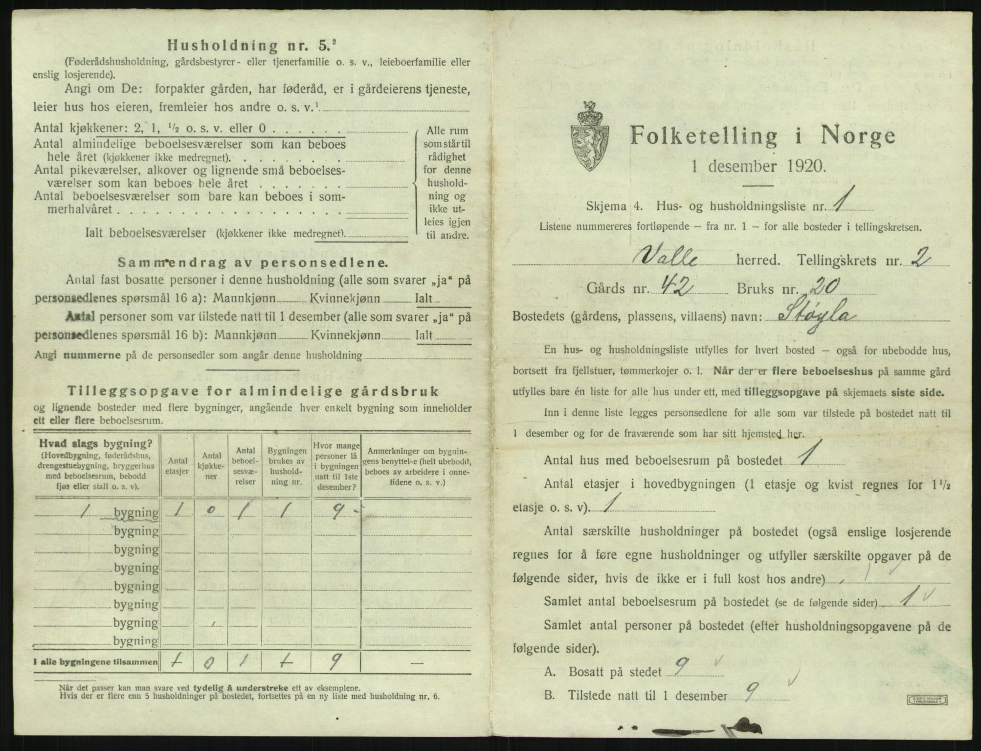 SAK, 1920 census for Valle, 1920, p. 117