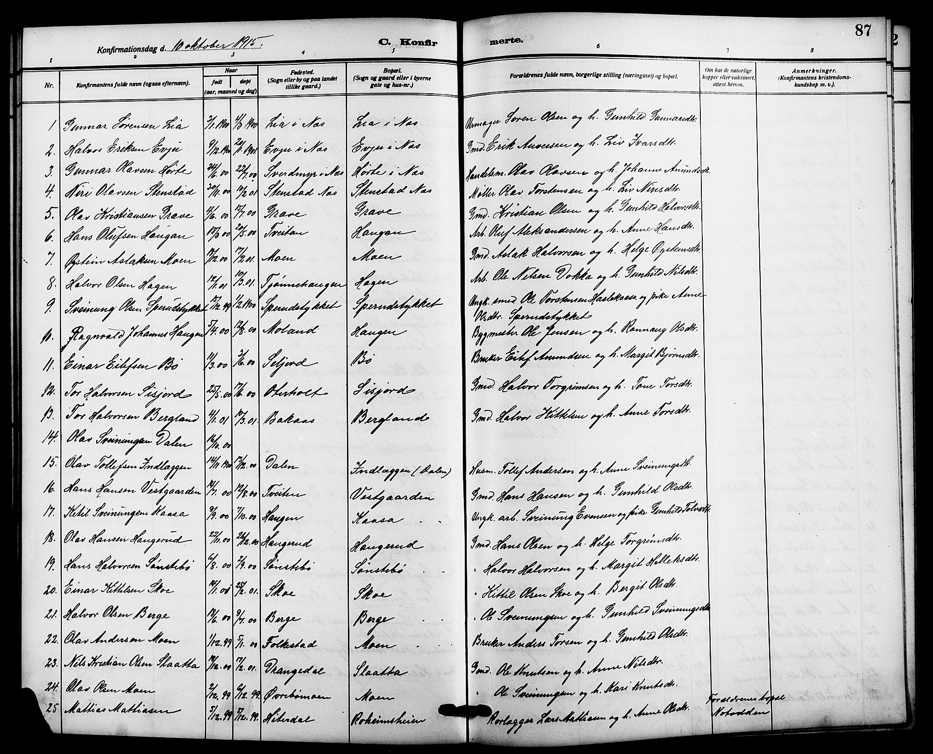 Bø kirkebøker, SAKO/A-257/G/Ga/L0007: Parish register (copy) no. 7, 1909-1924, p. 87