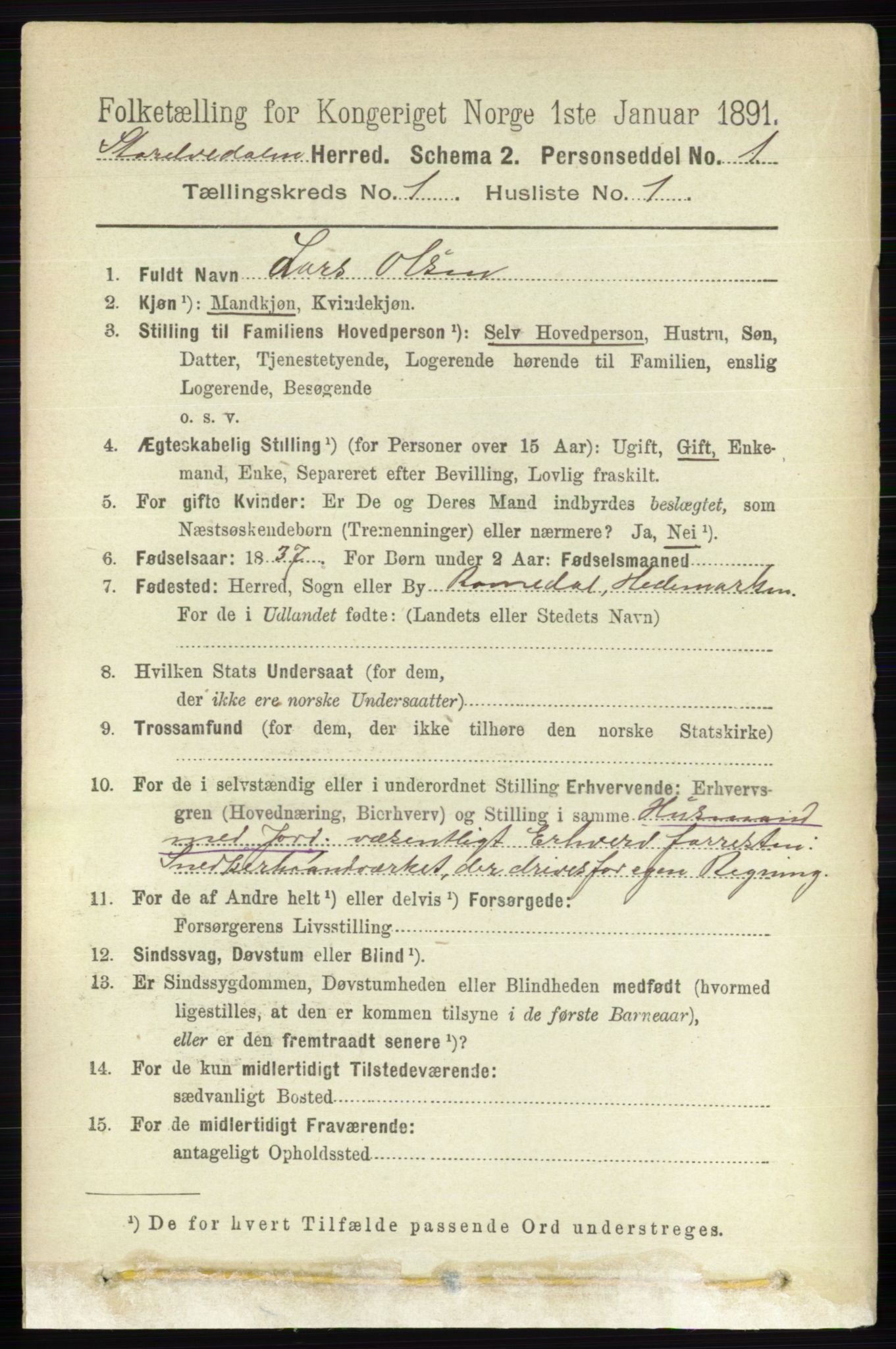 RA, 1891 census for 0430 Stor-Elvdal, 1891, p. 71