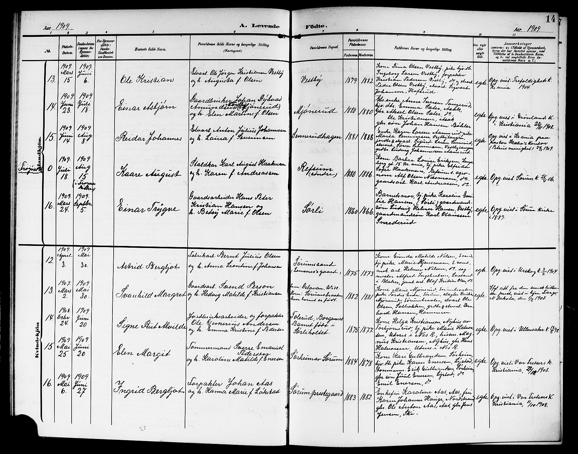 Sørum prestekontor Kirkebøker, SAO/A-10303/G/Ga/L0007: Parish register (copy) no. I 7, 1907-1917, p. 14