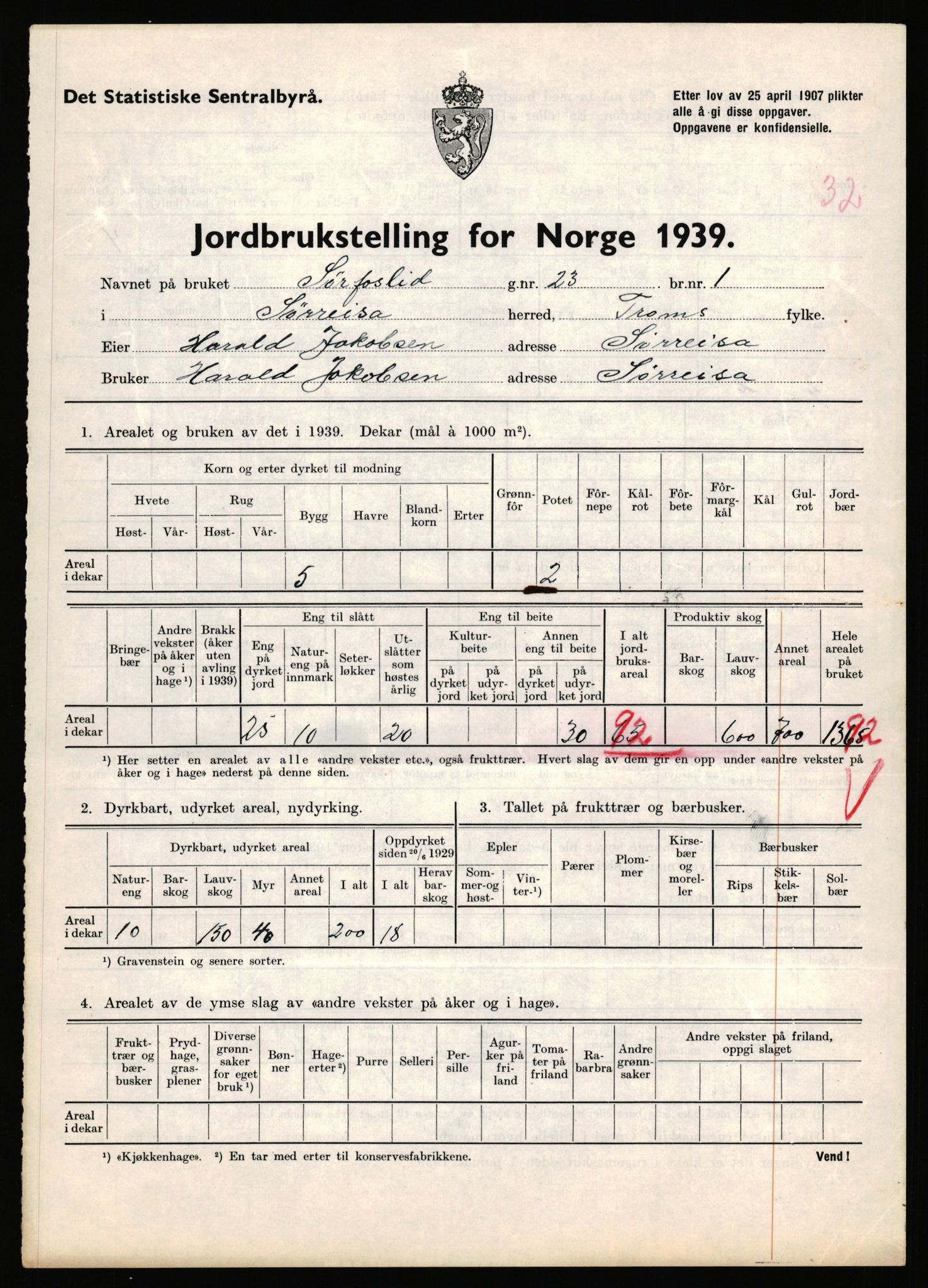 Statistisk sentralbyrå, Næringsøkonomiske emner, Jordbruk, skogbruk, jakt, fiske og fangst, AV/RA-S-2234/G/Gb/L0341: Troms: Sørreisa og Tranøy, 1939, p. 721