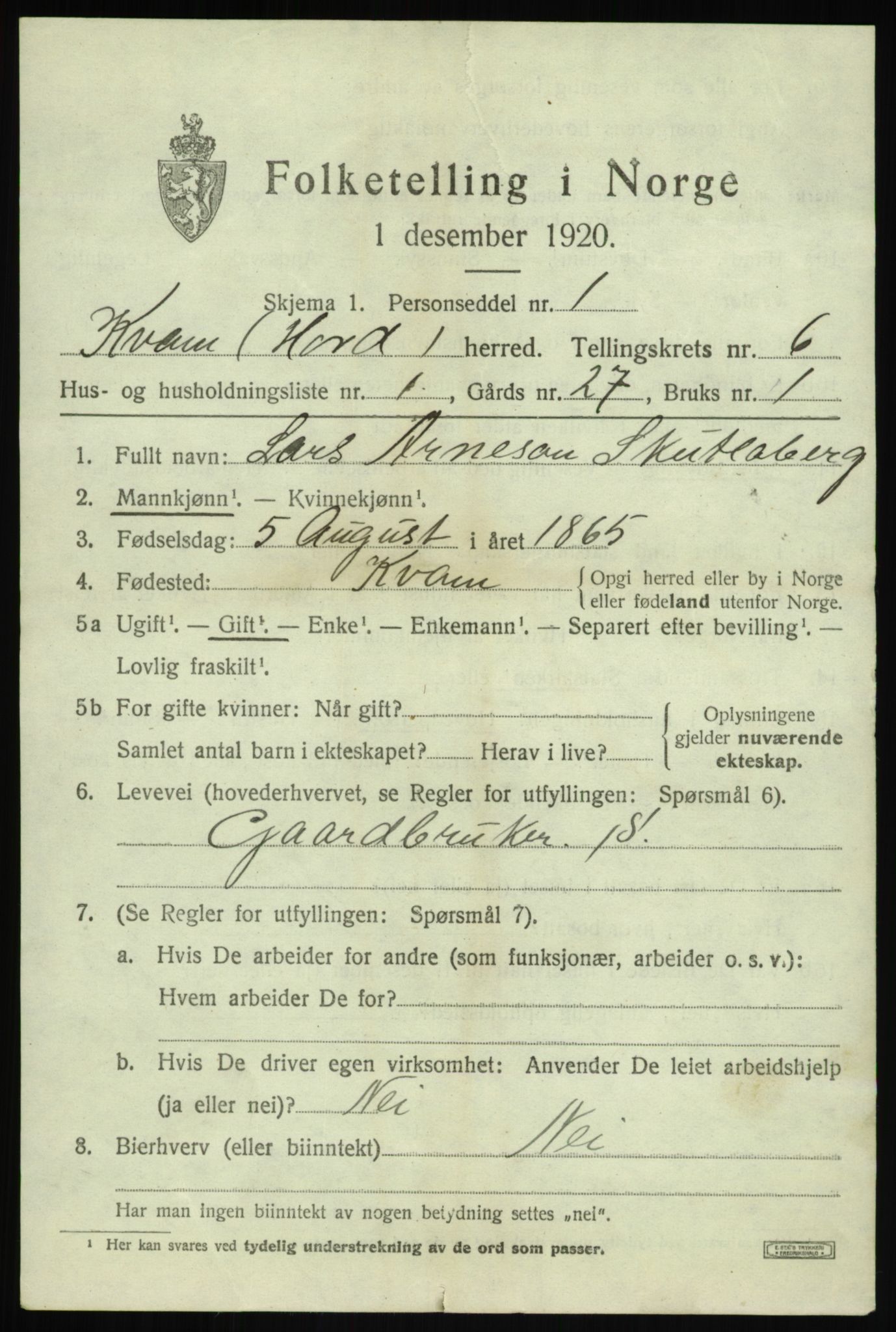 SAB, 1920 census for Kvam, 1920, p. 4393