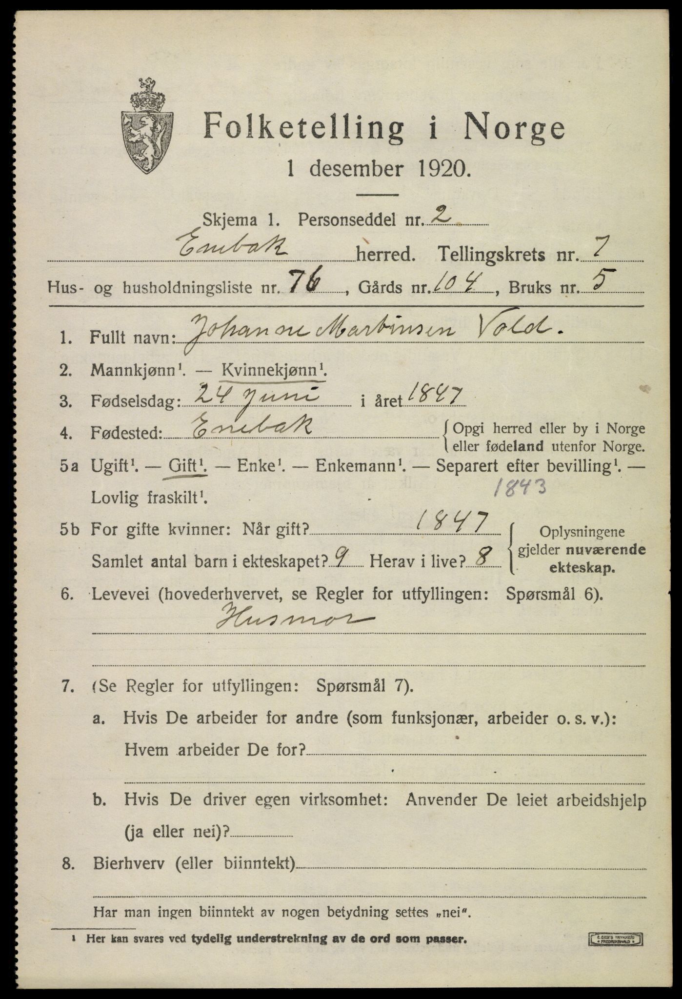 SAO, 1920 census for Enebakk, 1920, p. 6979