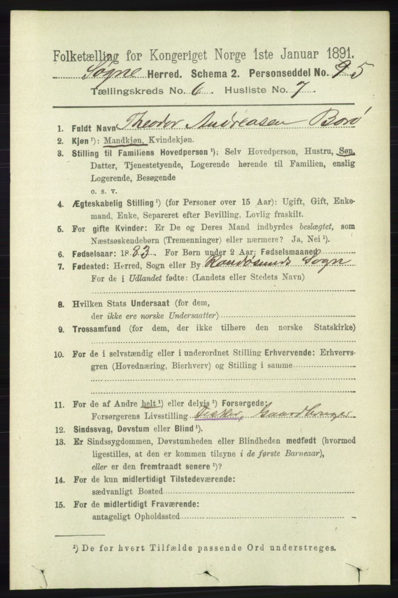 RA, 1891 census for 1018 Søgne, 1891, p. 1406