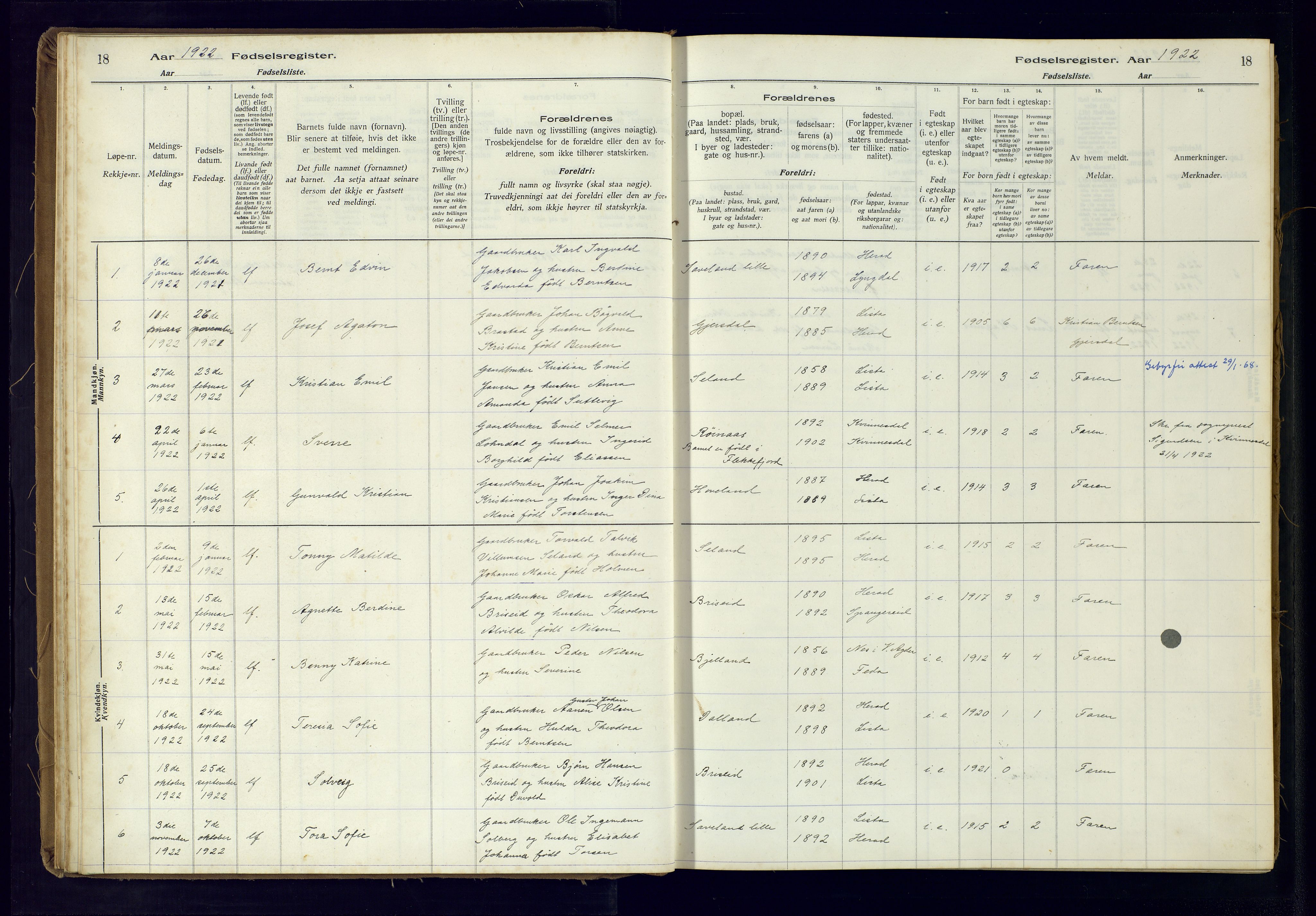 Herad sokneprestkontor, SAK/1111-0018/J/Ja/L0001: Birth register no. A-VI-12, 1916-1981, p. 18
