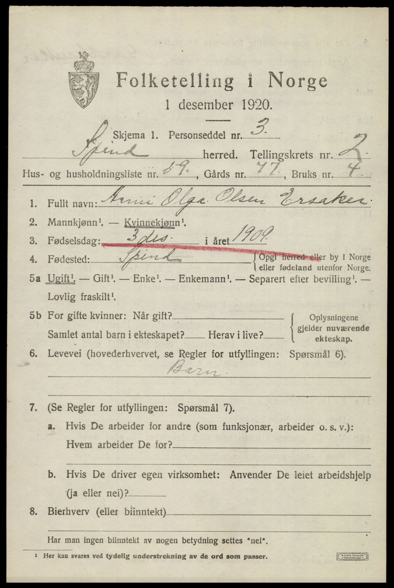 SAK, 1920 census for Spind, 1920, p. 1617