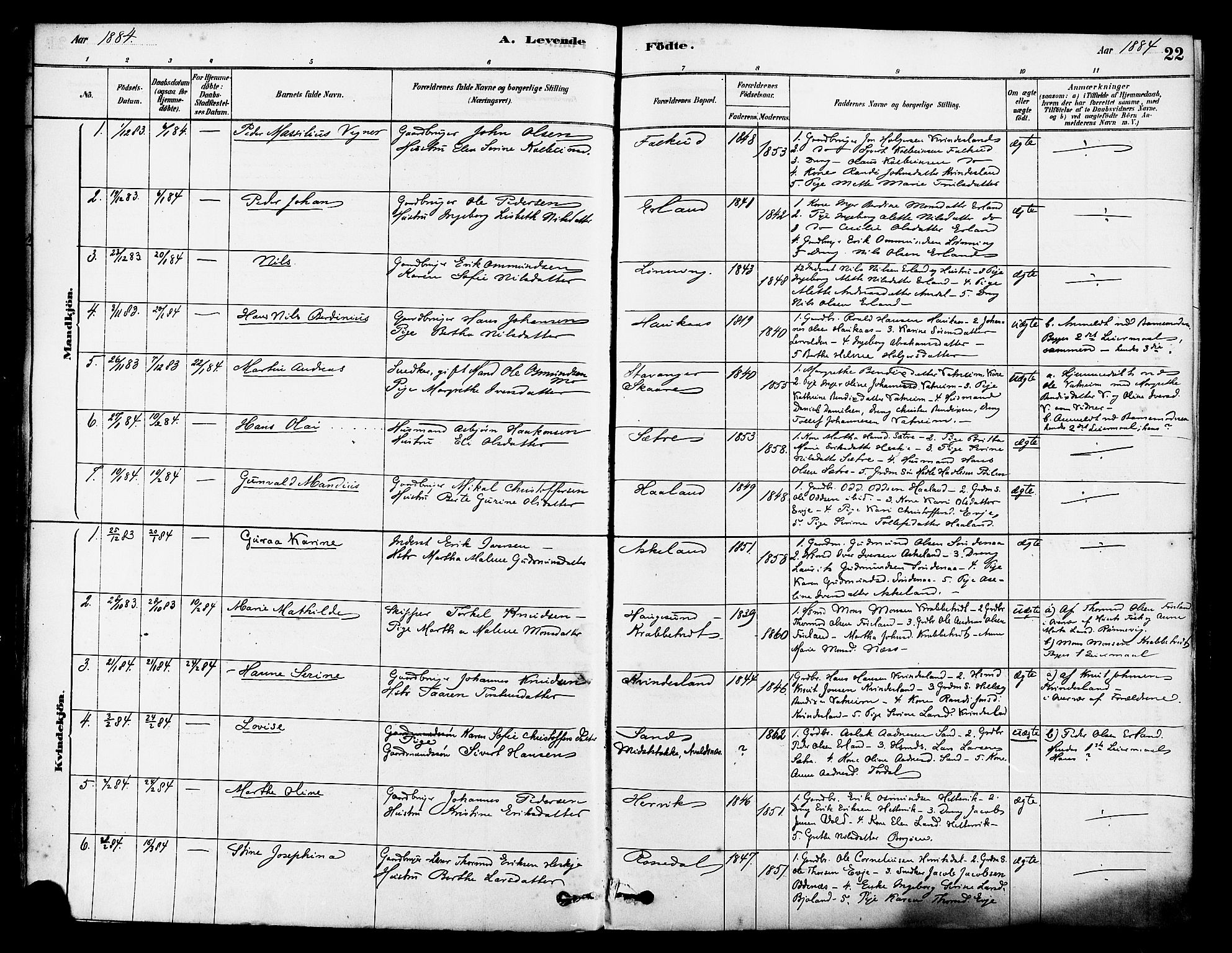 Tysvær sokneprestkontor, SAST/A -101864/H/Ha/Haa/L0006: Parish register (official) no. A 6, 1878-1896, p. 22