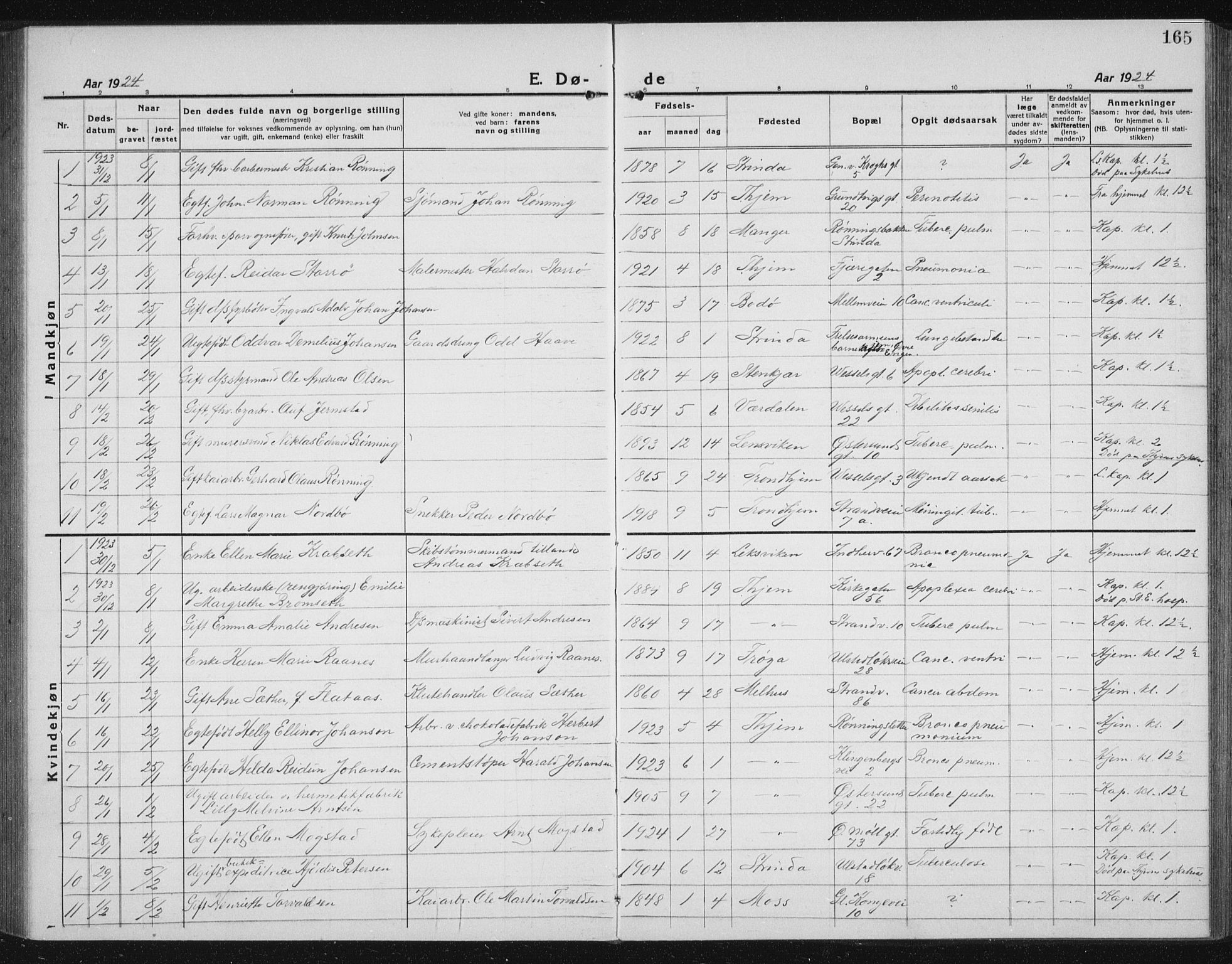 Ministerialprotokoller, klokkerbøker og fødselsregistre - Sør-Trøndelag, AV/SAT-A-1456/605/L0260: Parish register (copy) no. 605C07, 1922-1942, p. 165