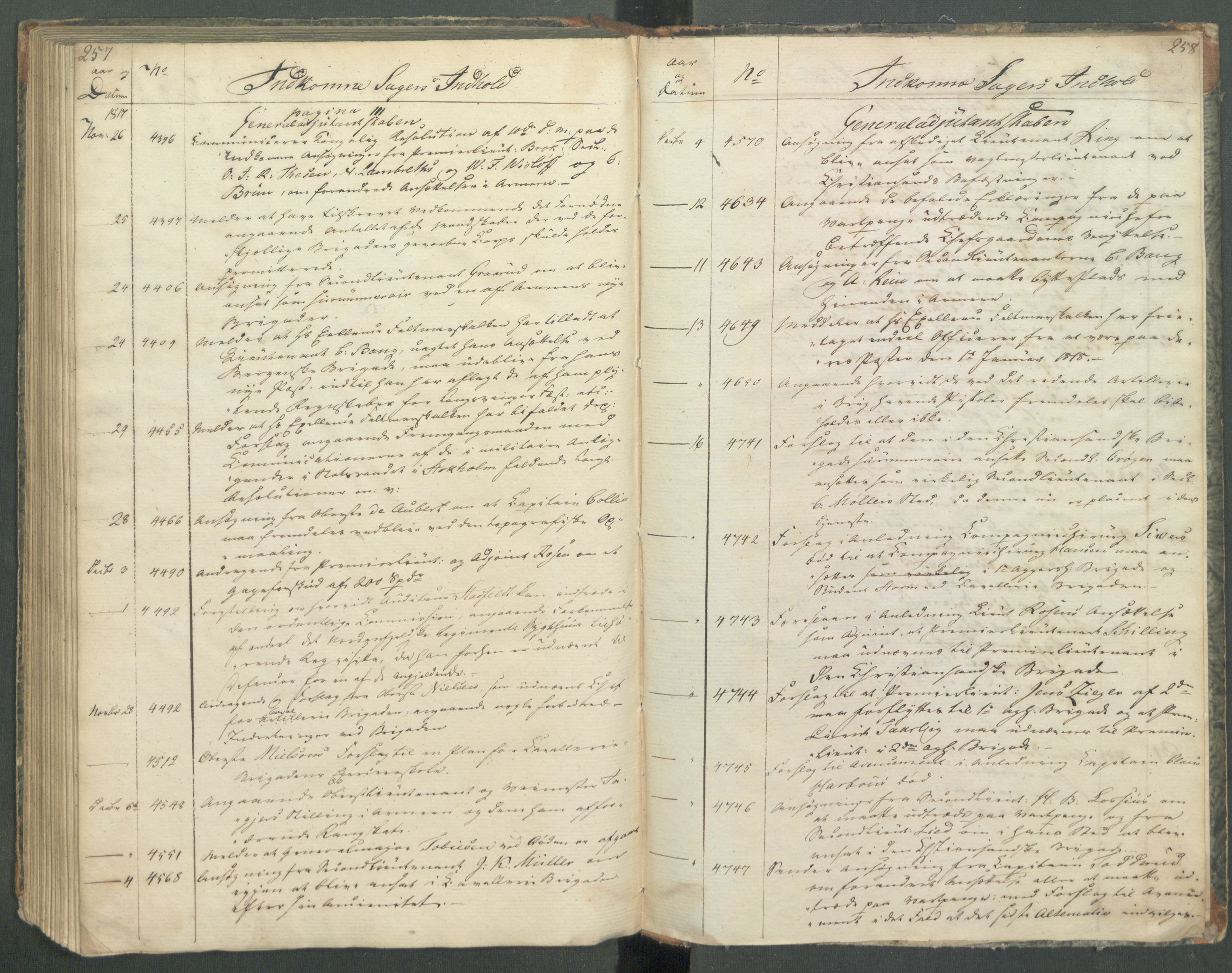 Armédepartementet, RA/RAFA-3493/C/Ca/L0013: 6. Departements register over innkomne saker, 1817, p. 257-258
