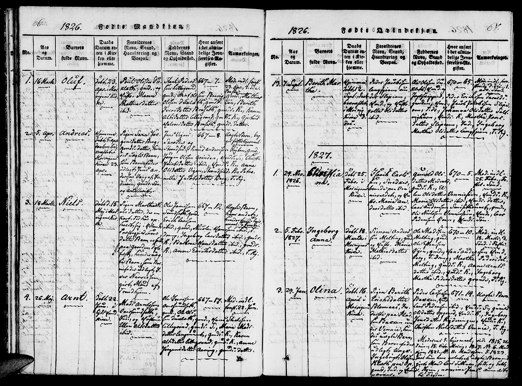 Ministerialprotokoller, klokkerbøker og fødselsregistre - Nord-Trøndelag, SAT/A-1458/733/L0322: Parish register (official) no. 733A01, 1817-1842, p. 66-67