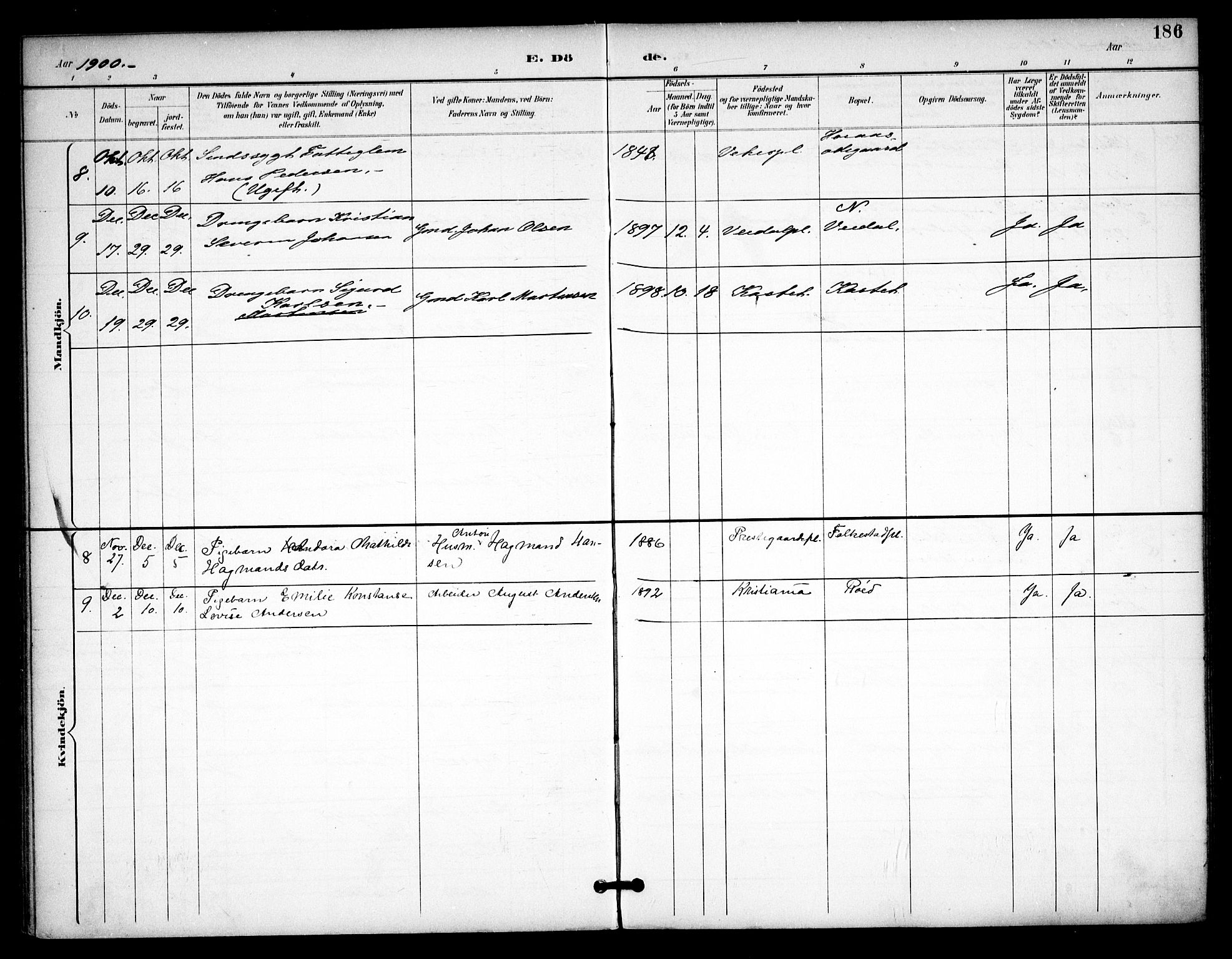 Våler prestekontor Kirkebøker, AV/SAO-A-11083/F/Fa/L0011: Parish register (official) no. I 11, 1893-1909, p. 186