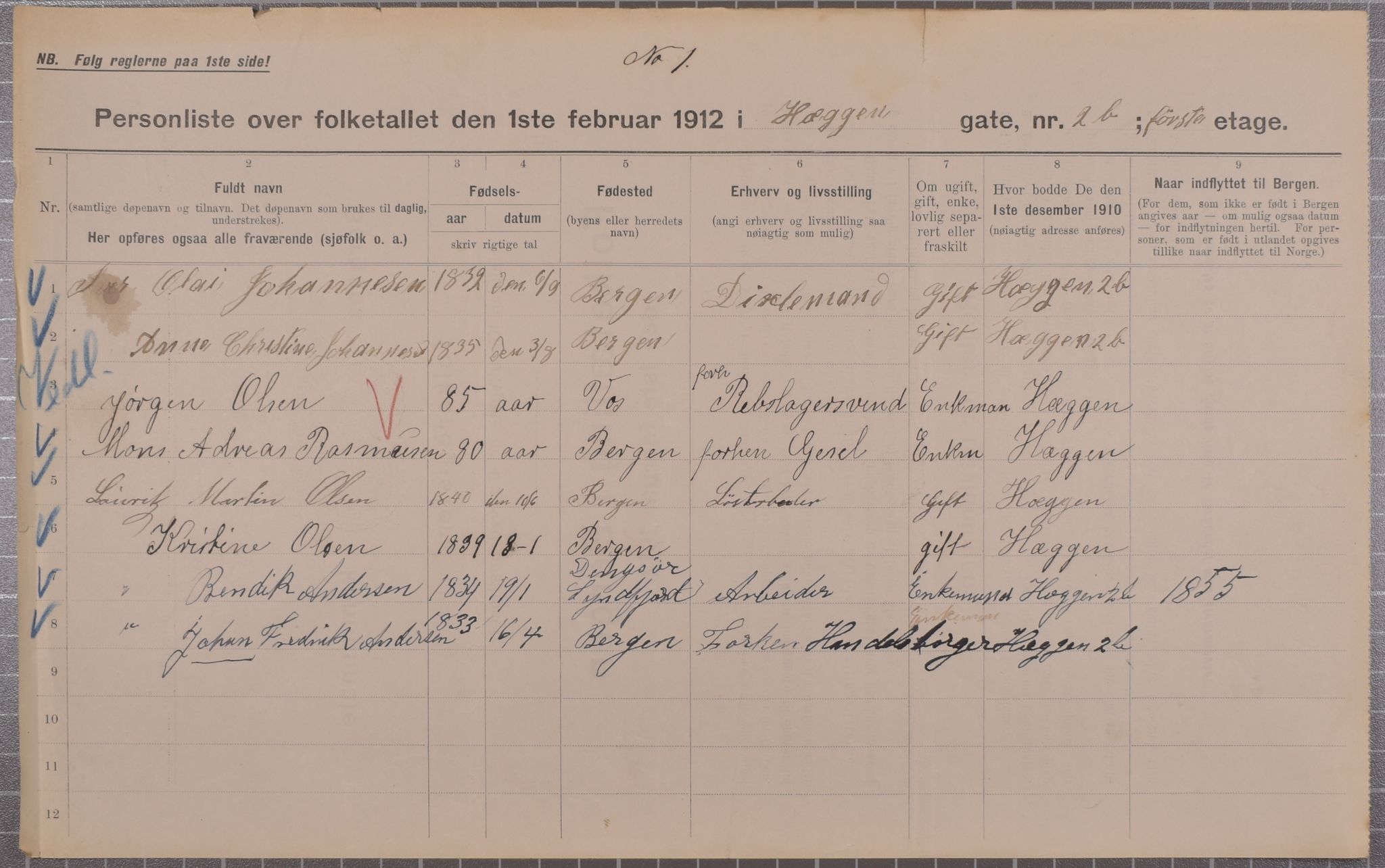 SAB, Municipal Census 1912 for Bergen, 1912, p. 1919