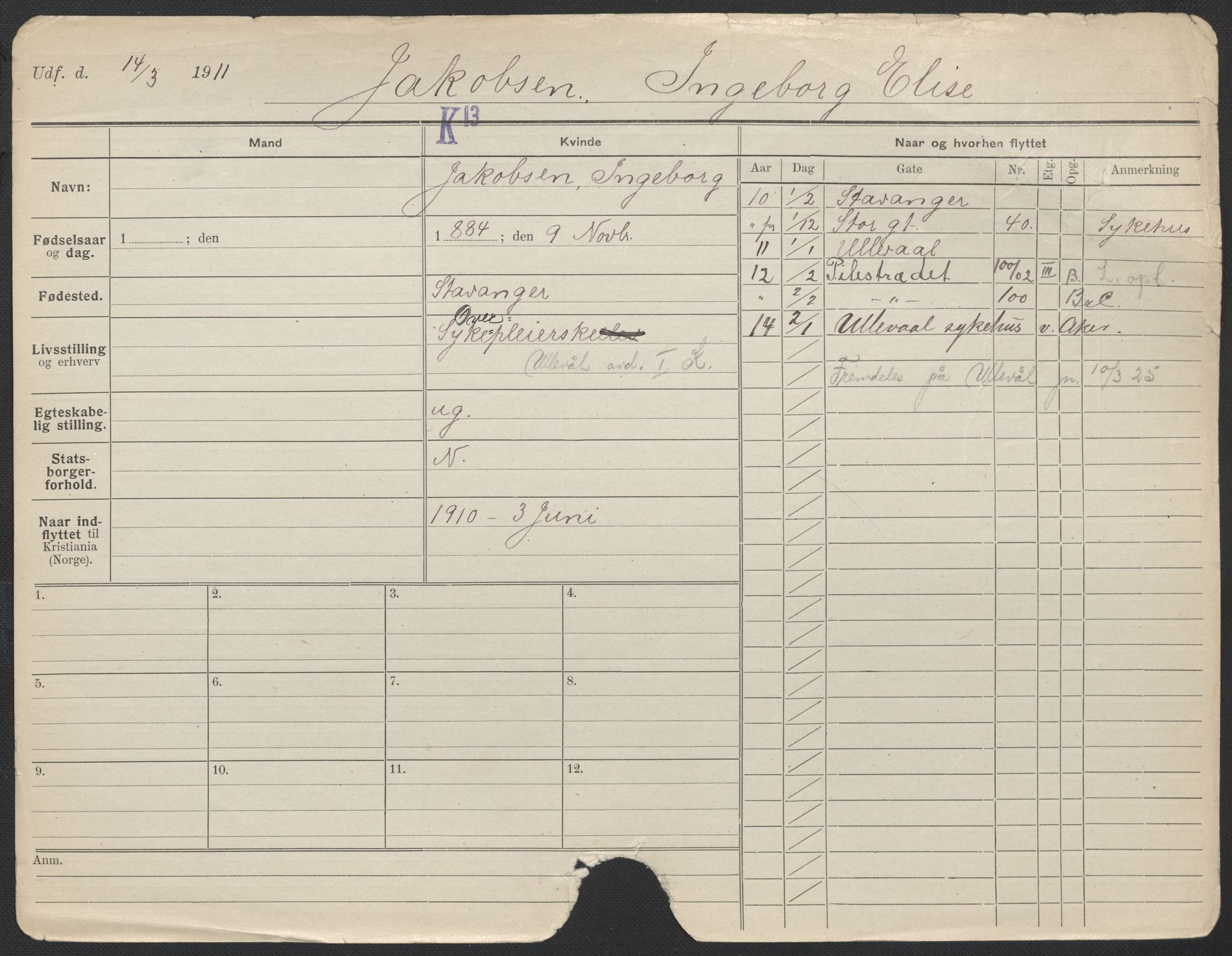 Oslo folkeregister, Registerkort, AV/SAO-A-11715/F/Fa/Fac/L0017: Kvinner, 1906-1914, p. 206a