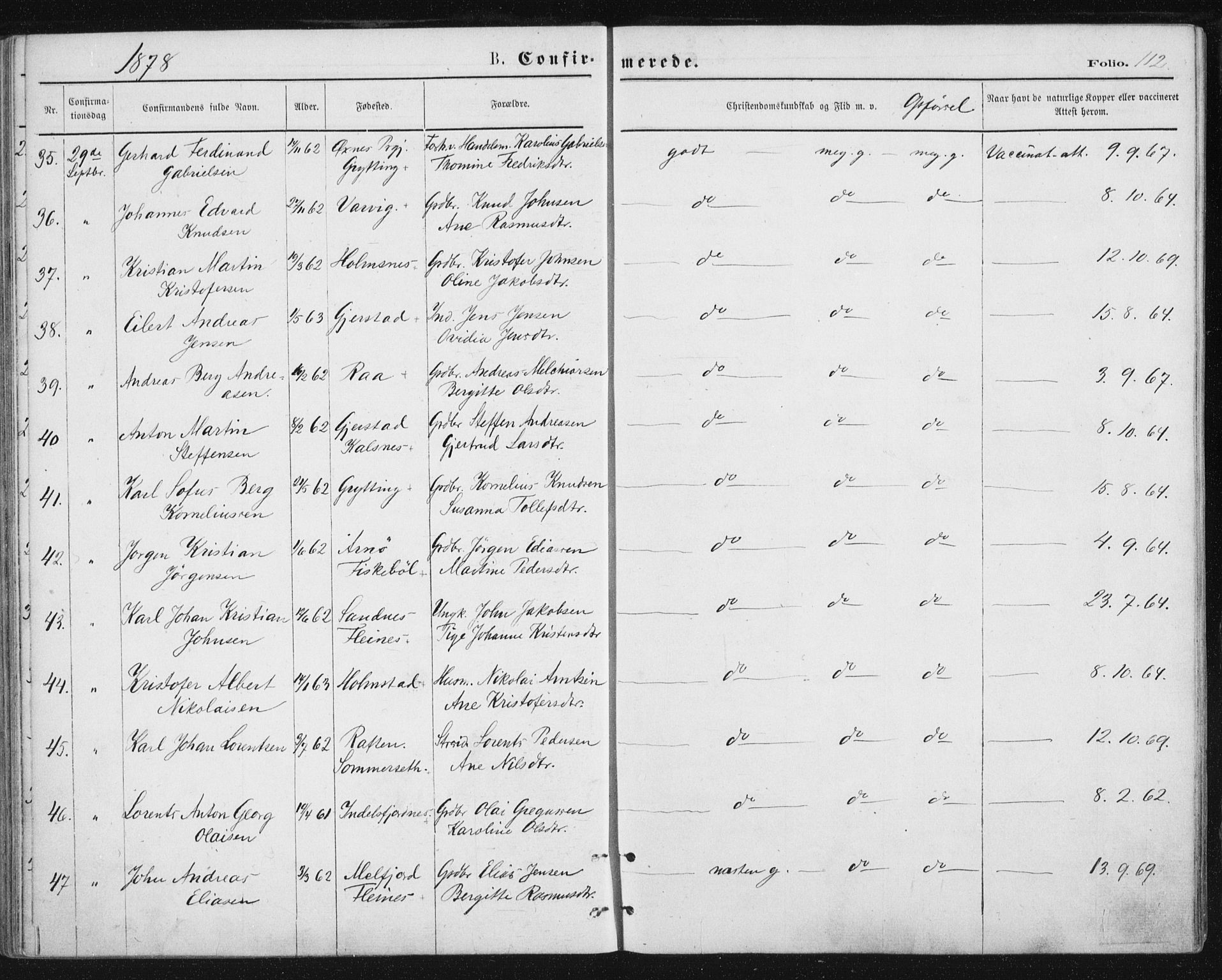 Ministerialprotokoller, klokkerbøker og fødselsregistre - Nordland, AV/SAT-A-1459/888/L1243: Parish register (official) no. 888A09, 1876-1879, p. 112