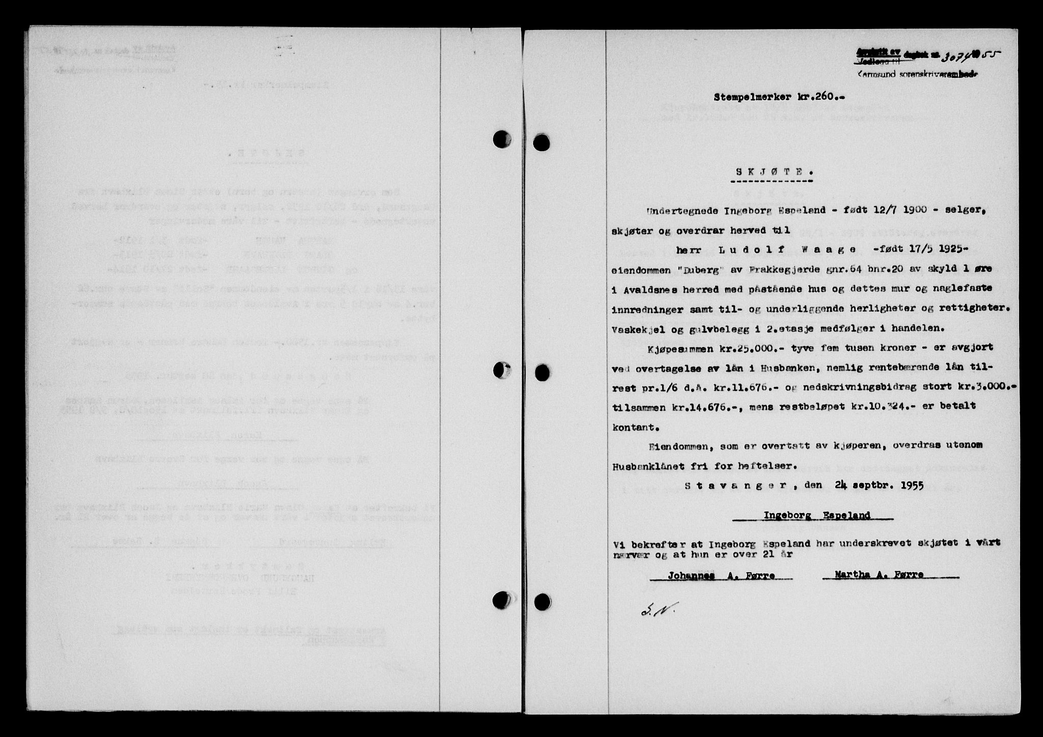 Karmsund sorenskriveri, SAST/A-100311/01/II/IIB/L0117: Mortgage book no. 97Aa, 1955-1955, Diary no: : 3074/1955