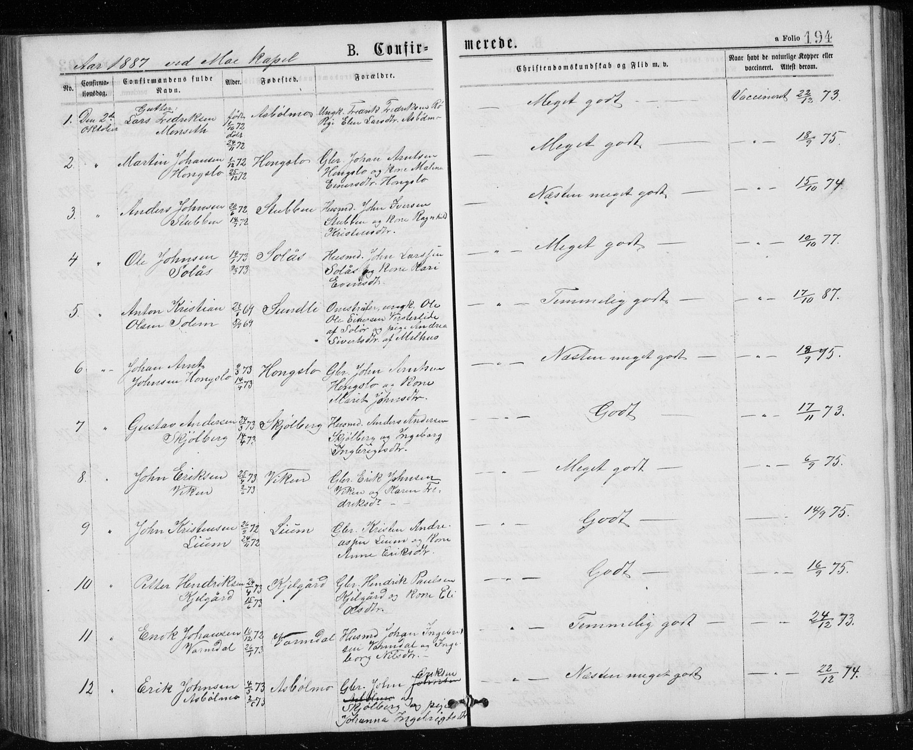 Ministerialprotokoller, klokkerbøker og fødselsregistre - Sør-Trøndelag, SAT/A-1456/671/L0843: Parish register (copy) no. 671C02, 1873-1892, p. 194