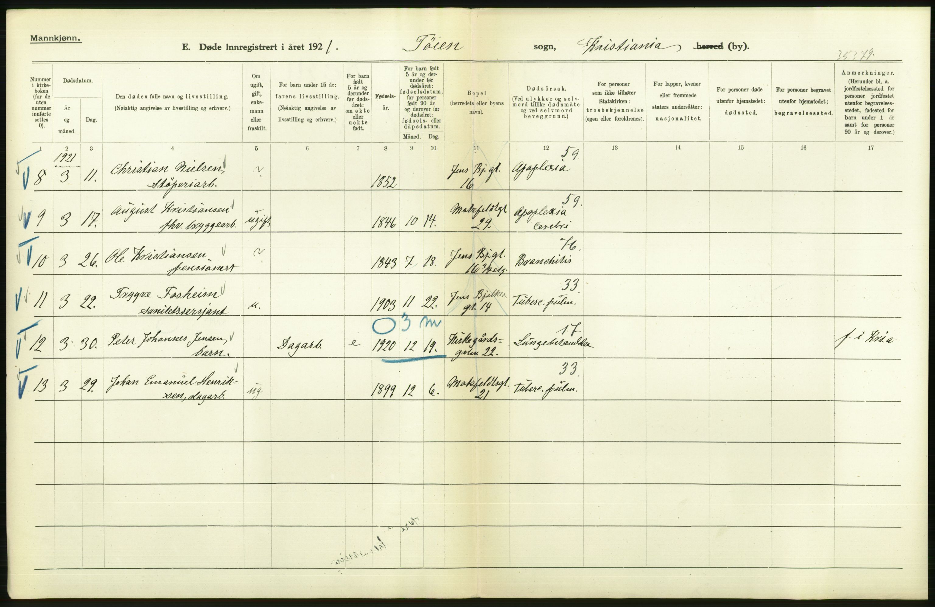 Statistisk sentralbyrå, Sosiodemografiske emner, Befolkning, AV/RA-S-2228/D/Df/Dfc/Dfca/L0013: Kristiania: Døde, dødfødte, 1921, p. 142