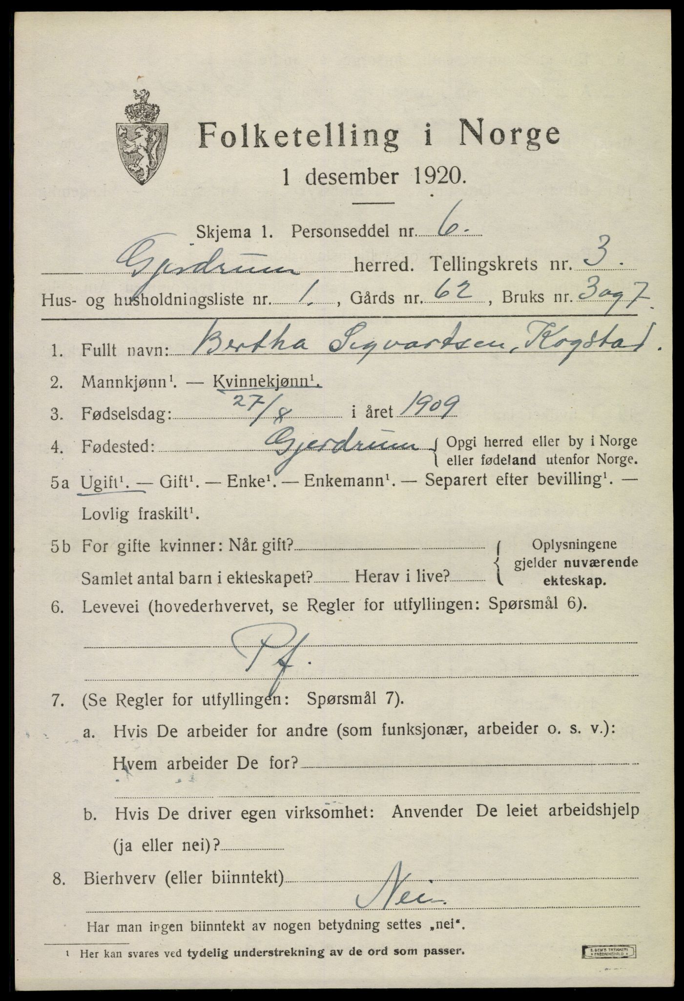 SAO, 1920 census for Gjerdrum, 1920, p. 2386