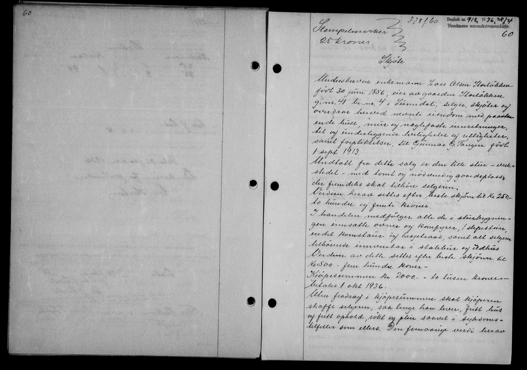 Nordmøre sorenskriveri, AV/SAT-A-4132/1/2/2Ca/L0088: Mortgage book no. 78, 1936-1936, Diary no: : 312/1936