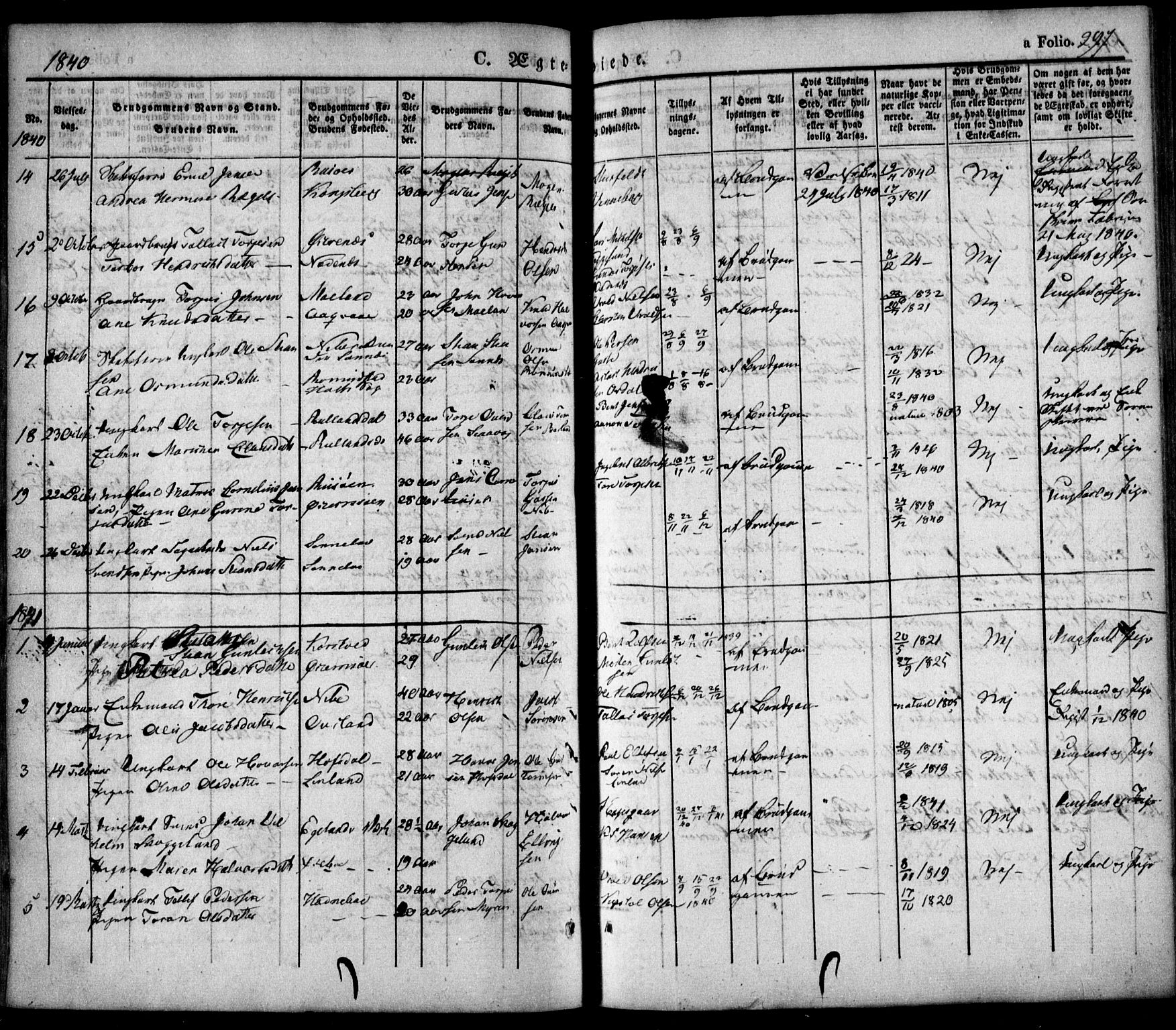 Søndeled sokneprestkontor, SAK/1111-0038/F/Fa/L0002: Parish register (official) no. A 2, 1839-1860, p. 297