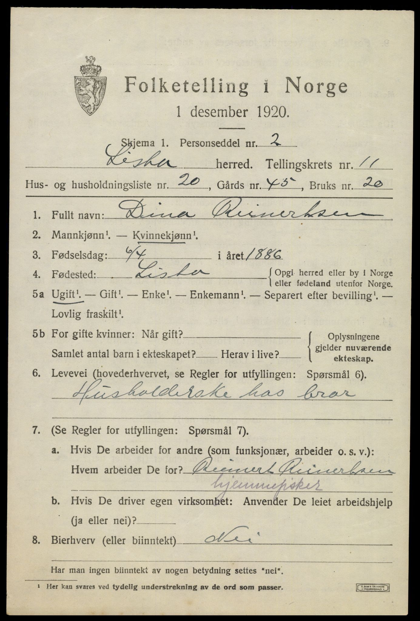 SAK, 1920 census for Lista, 1920, p. 11121