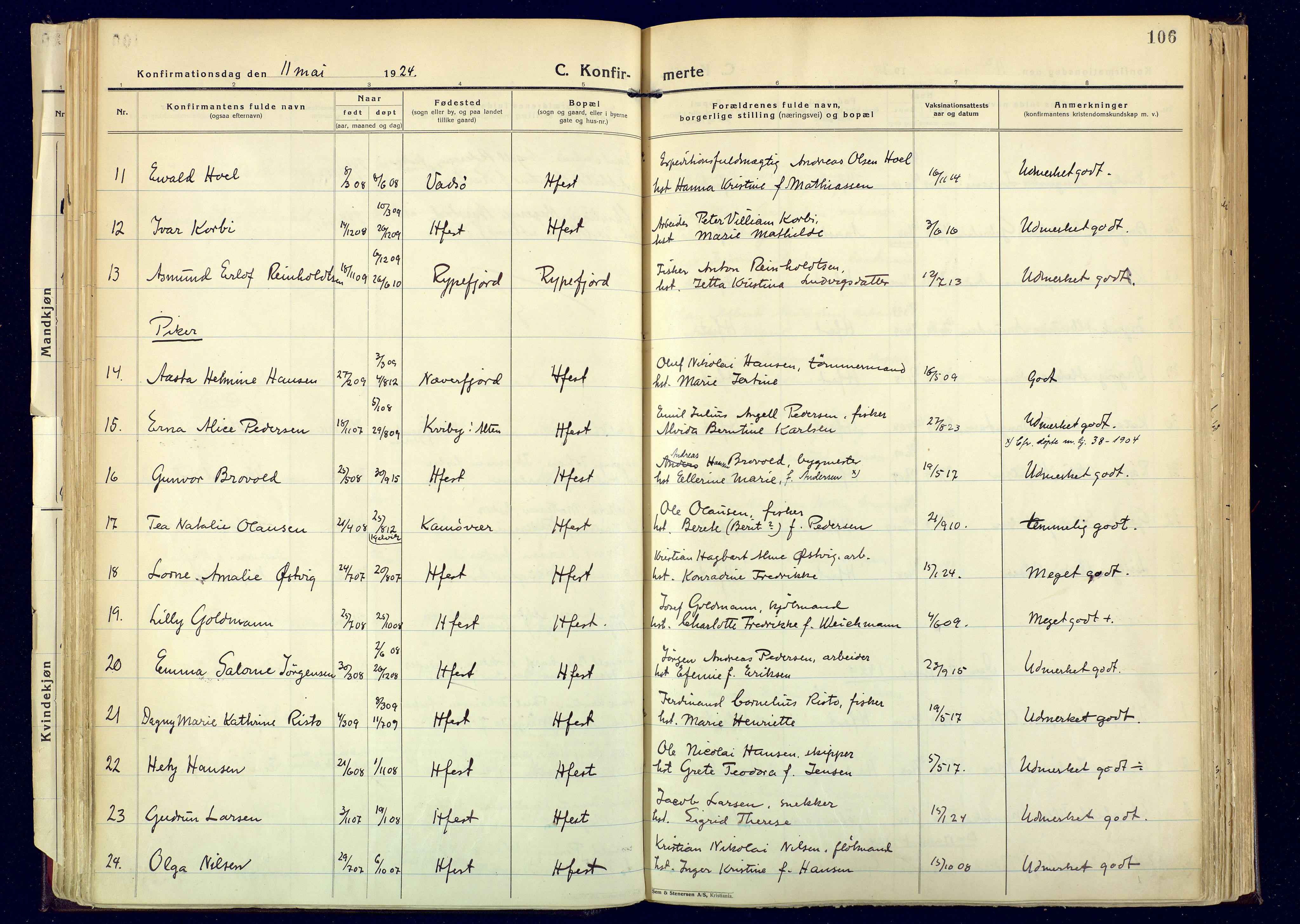 Hammerfest sokneprestkontor, AV/SATØ-S-1347/H/Ha/L0017.kirke: Parish register (official) no. 17, 1923-1933, p. 106