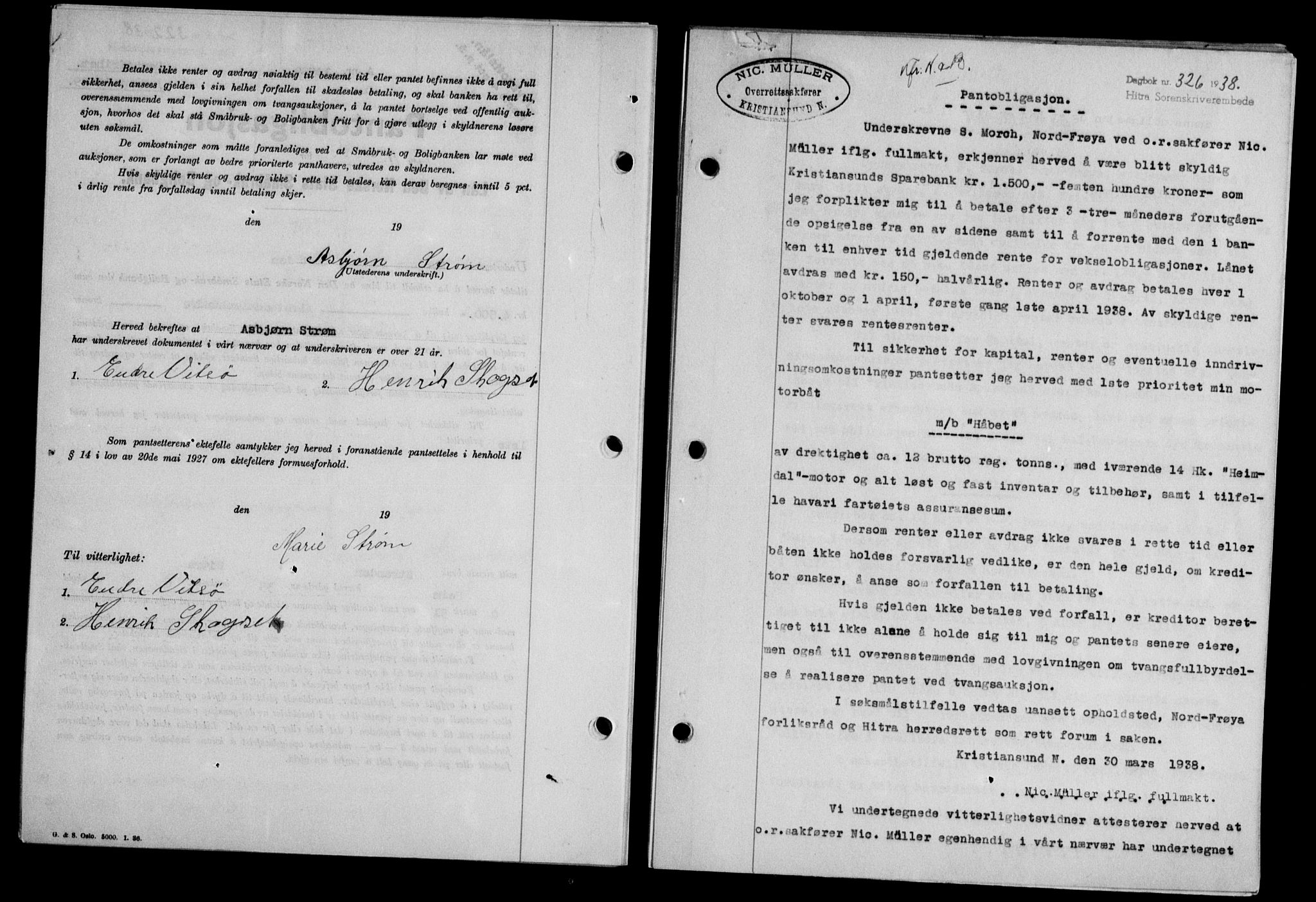 Hitra sorenskriveri, AV/SAT-A-0018/2/2C/2Ca/L0028: Mortgage book no. B-1, 1936-1939, Diary no: : 326/1938