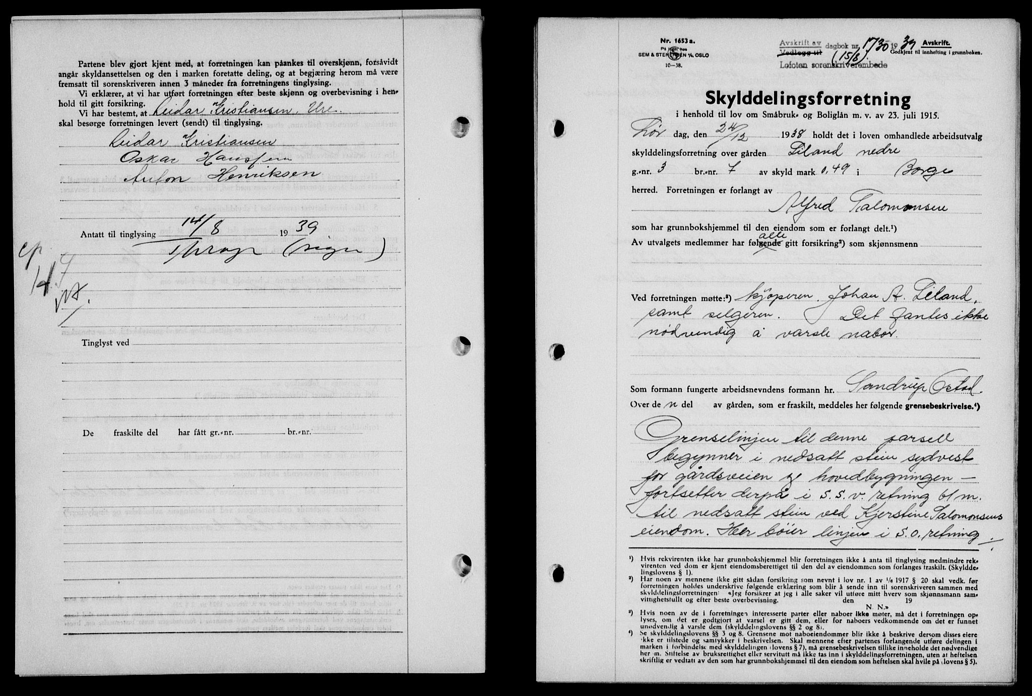 Lofoten sorenskriveri, SAT/A-0017/1/2/2C/L0006a: Mortgage book no. 6a, 1939-1939, Diary no: : 1730/1939