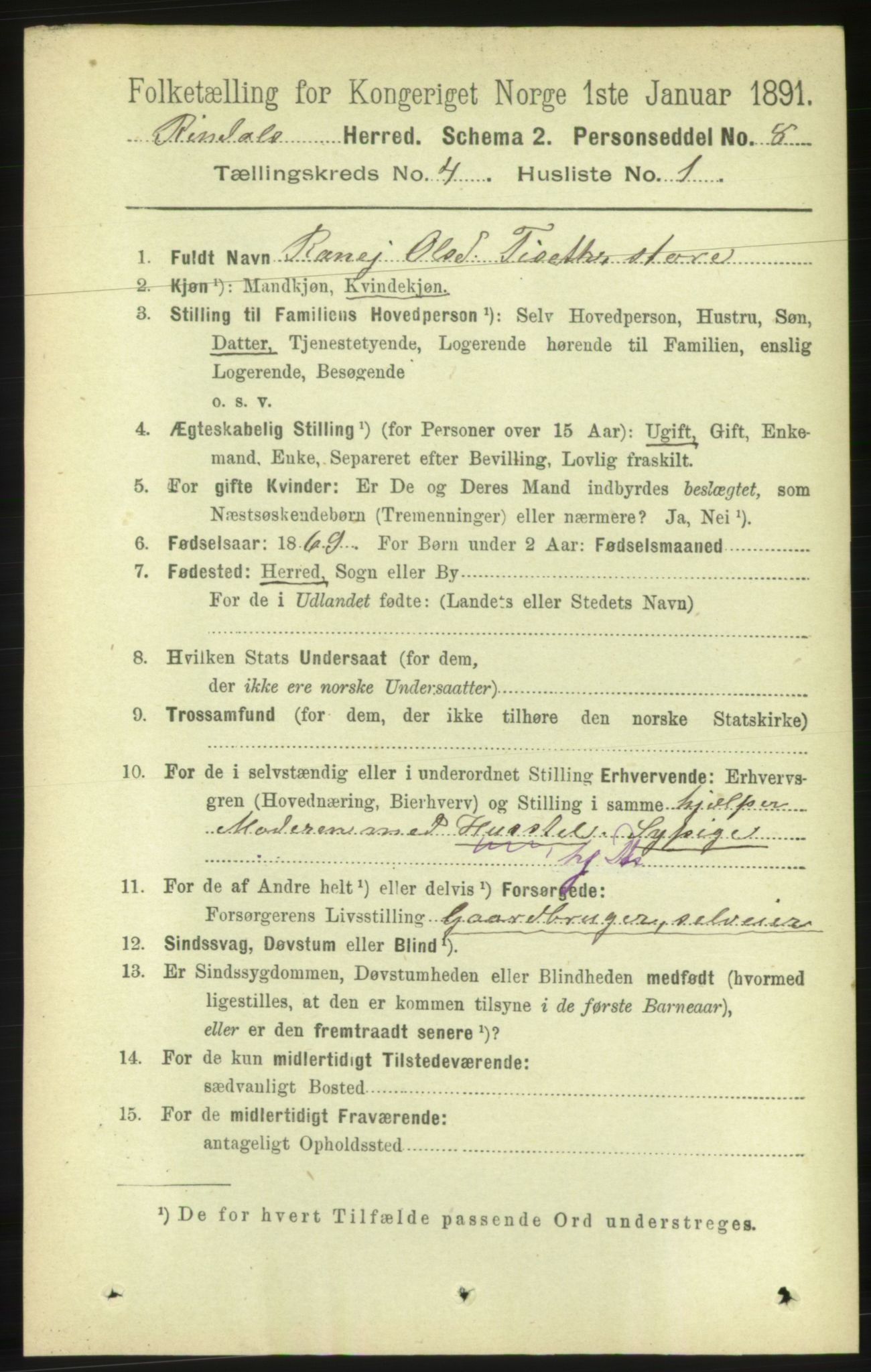 RA, 1891 census for 1567 Rindal, 1891, p. 1211