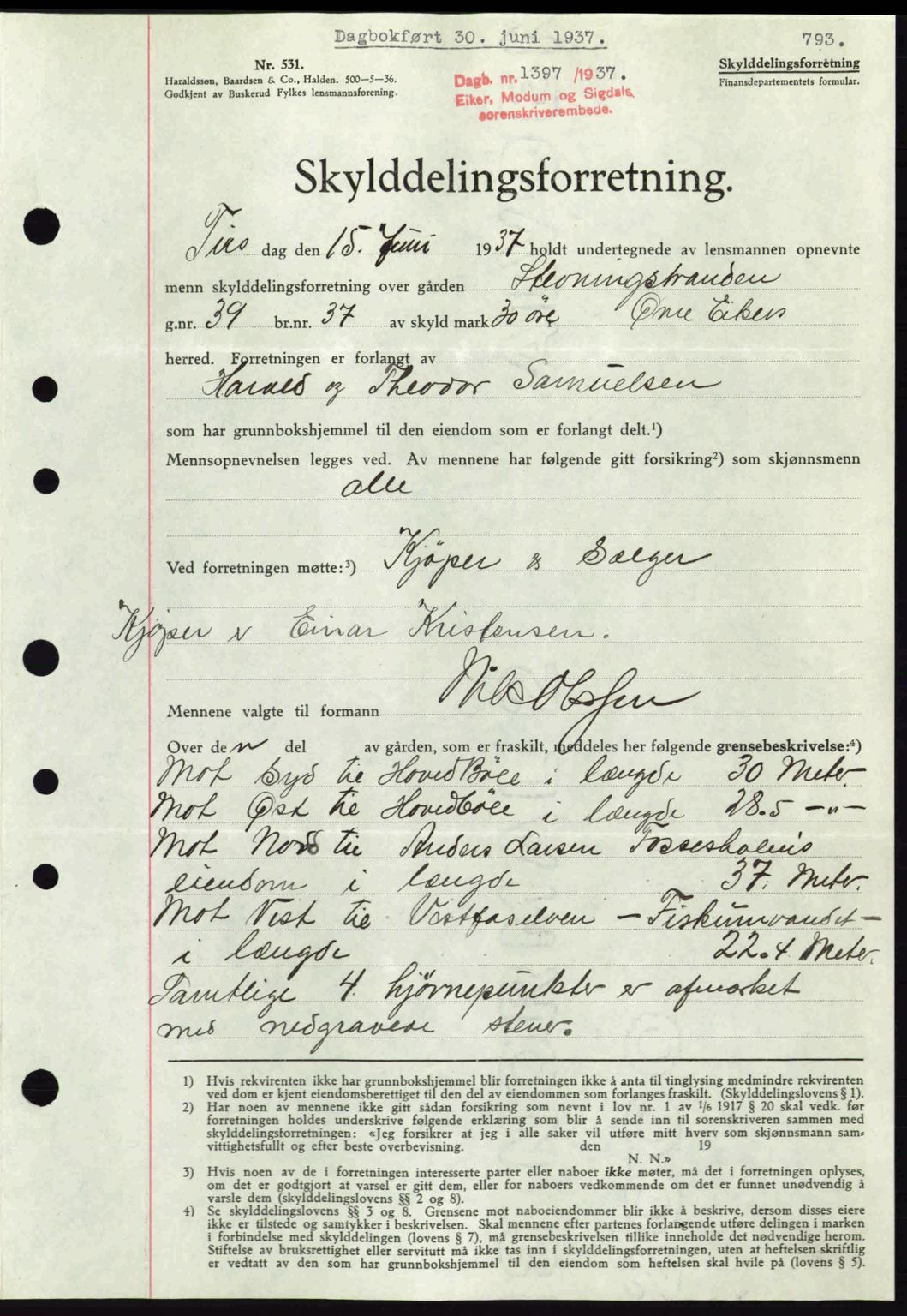 Eiker, Modum og Sigdal sorenskriveri, AV/SAKO-A-123/G/Ga/Gab/L0035: Mortgage book no. A5, 1937-1937, Diary no: : 1397/1937