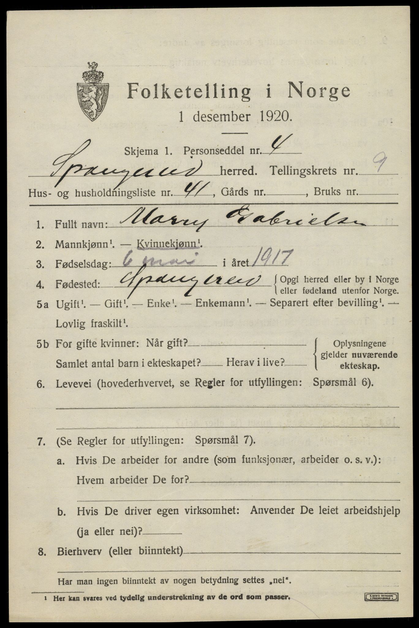 SAK, 1920 census for Spangereid, 1920, p. 3485