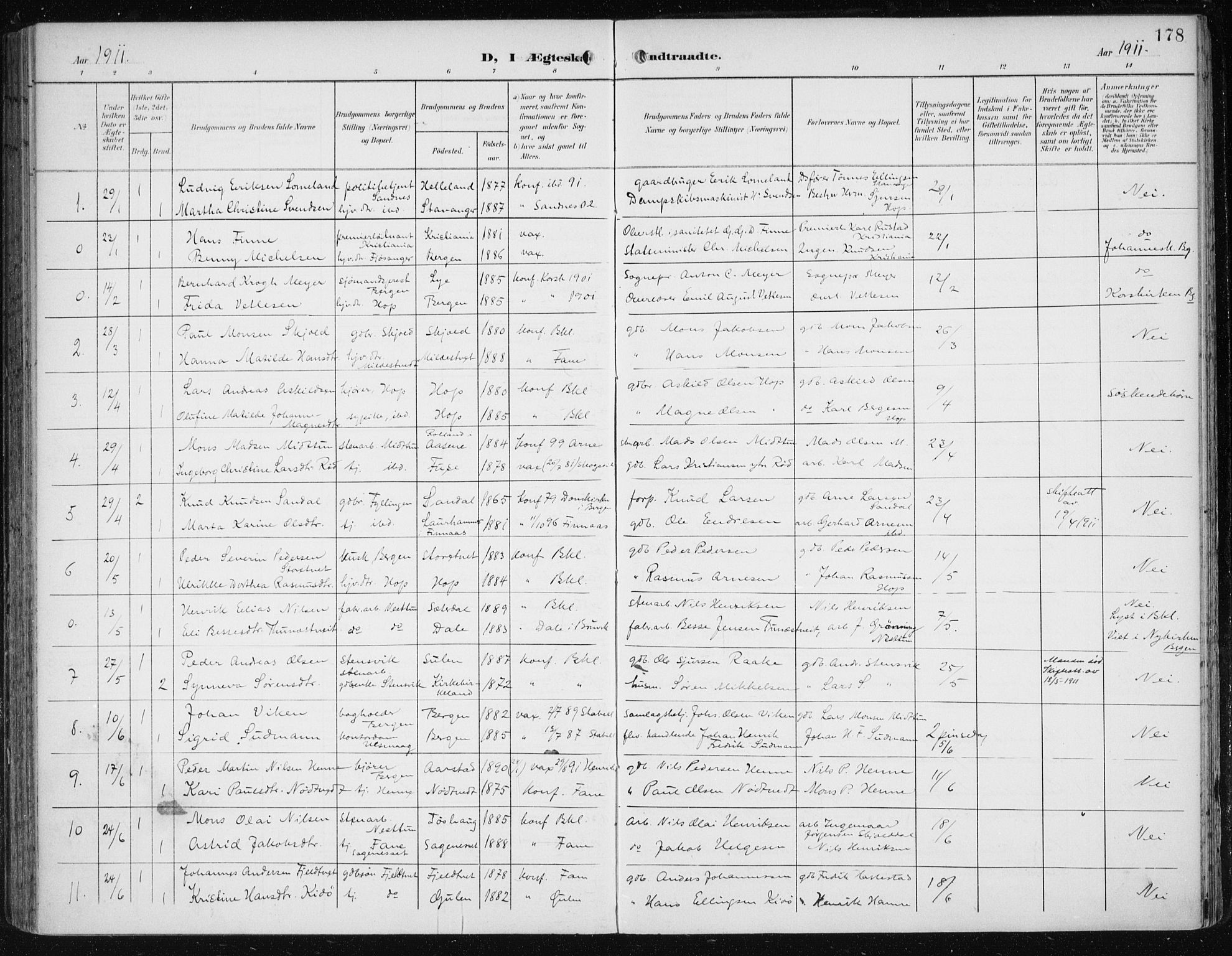 Fana Sokneprestembete, SAB/A-75101/H/Haa/Haai/L0003: Parish register (official) no. I 3, 1900-1912, p. 178