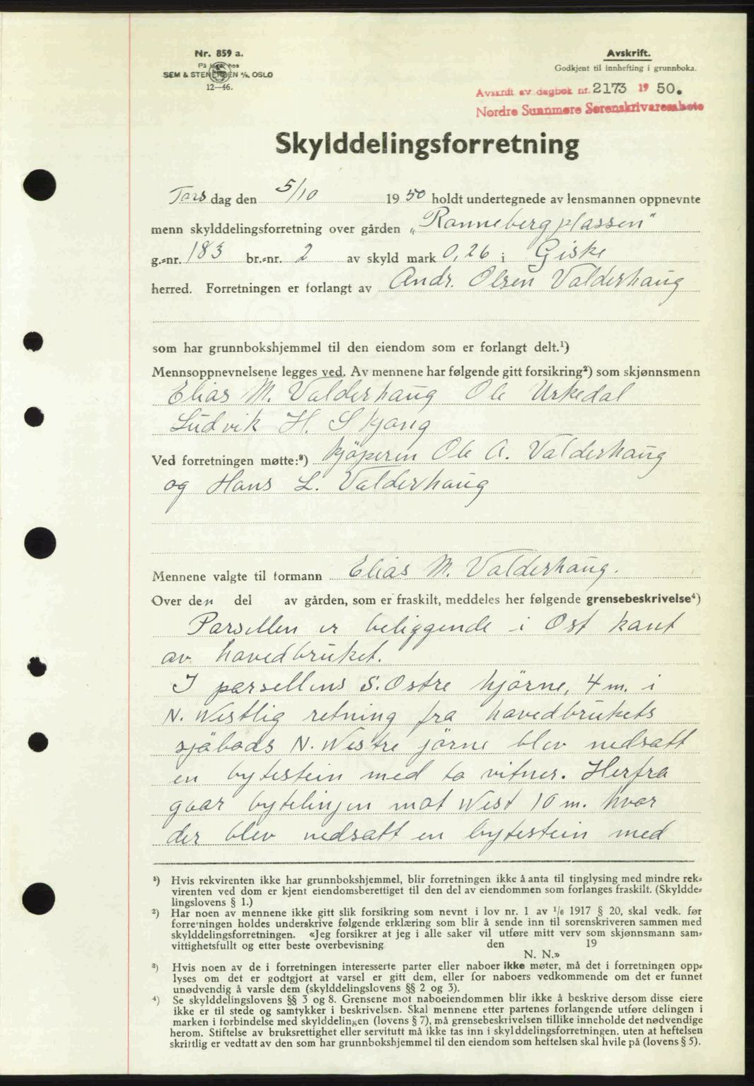 Nordre Sunnmøre sorenskriveri, SAT/A-0006/1/2/2C/2Ca: Mortgage book no. A36, 1950-1950, Diary no: : 2173/1950