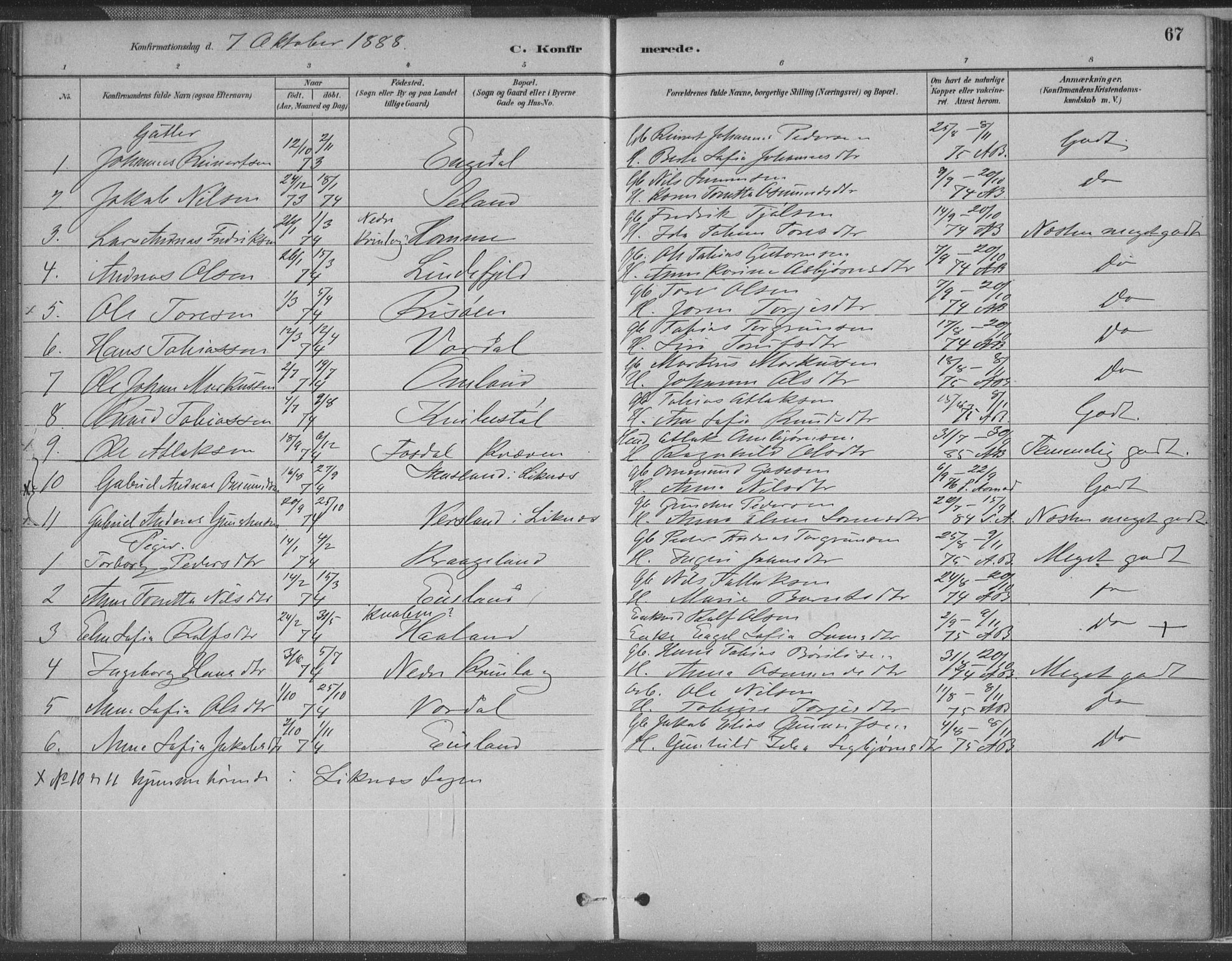 Fjotland sokneprestkontor, AV/SAK-1111-0010/F/Fa/L0002: Parish register (official) no. A 2, 1880-1898, p. 67