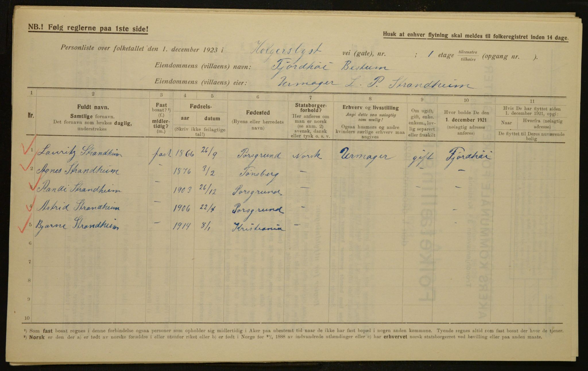 , Municipal Census 1923 for Aker, 1923, p. 2605