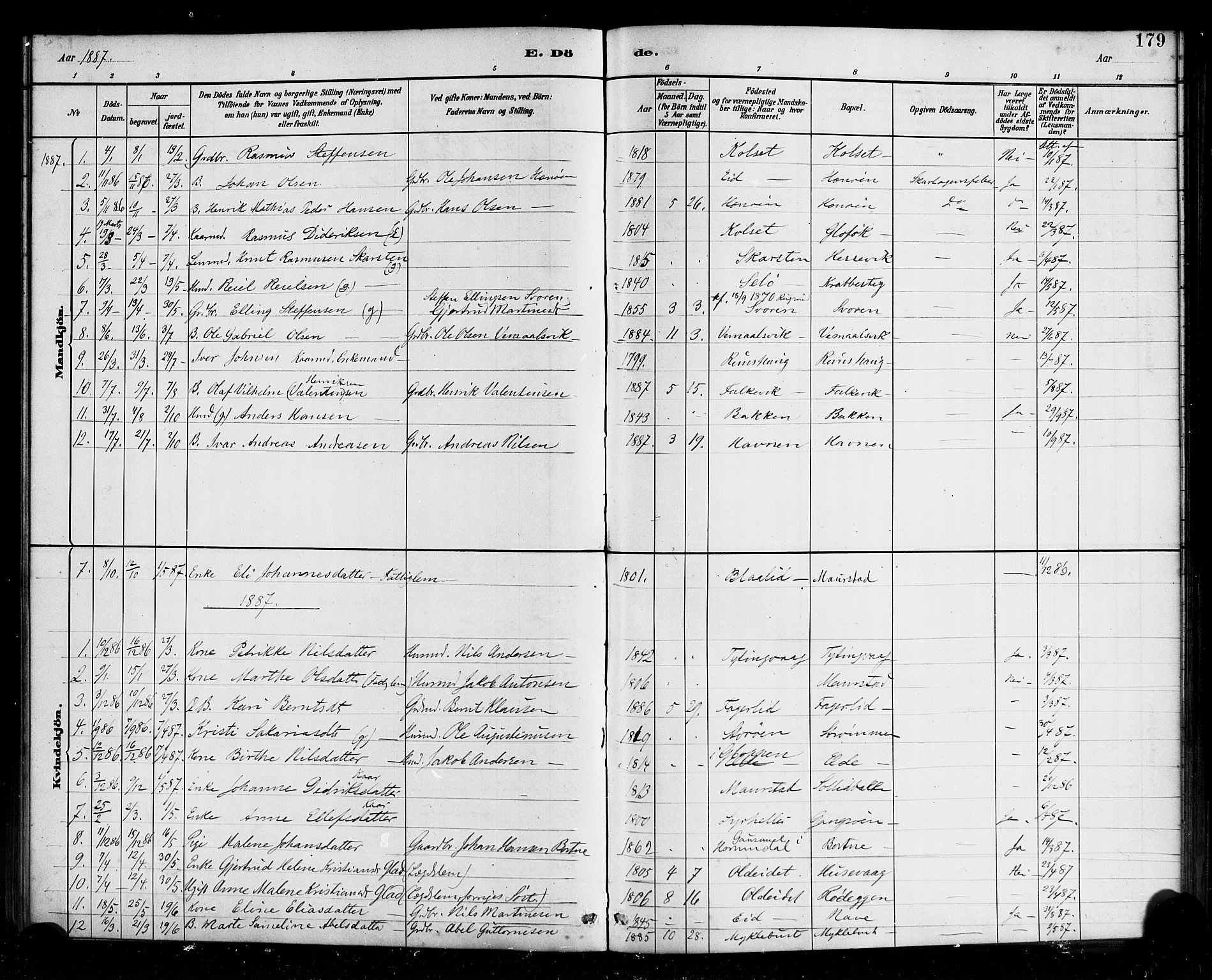 Davik sokneprestembete, SAB/A-79701/H/Haa/Haad/L0001: Parish register (official) no. D 1, 1882-1900, p. 179