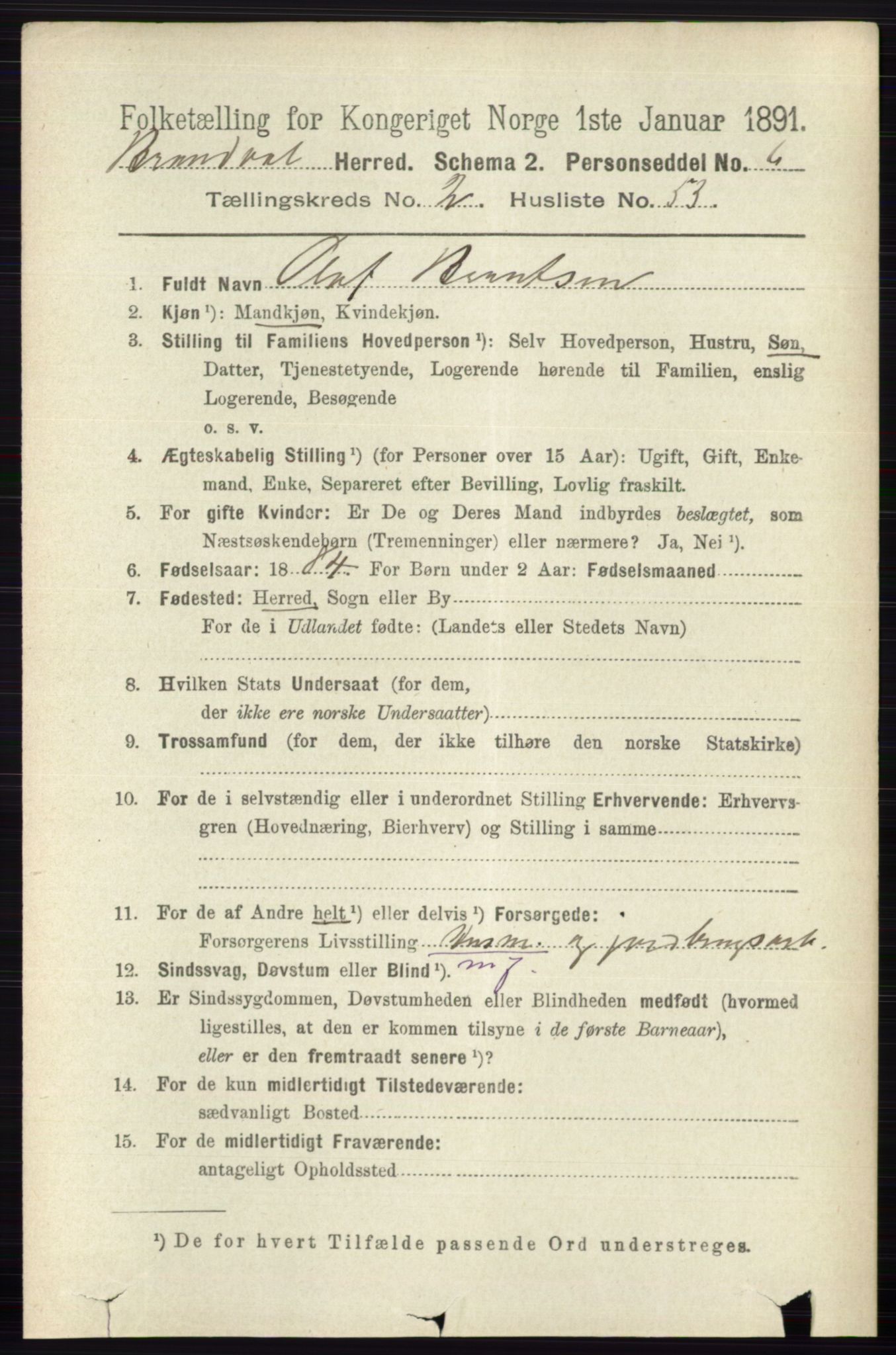 RA, 1891 census for 0422 Brandval, 1891, p. 1155