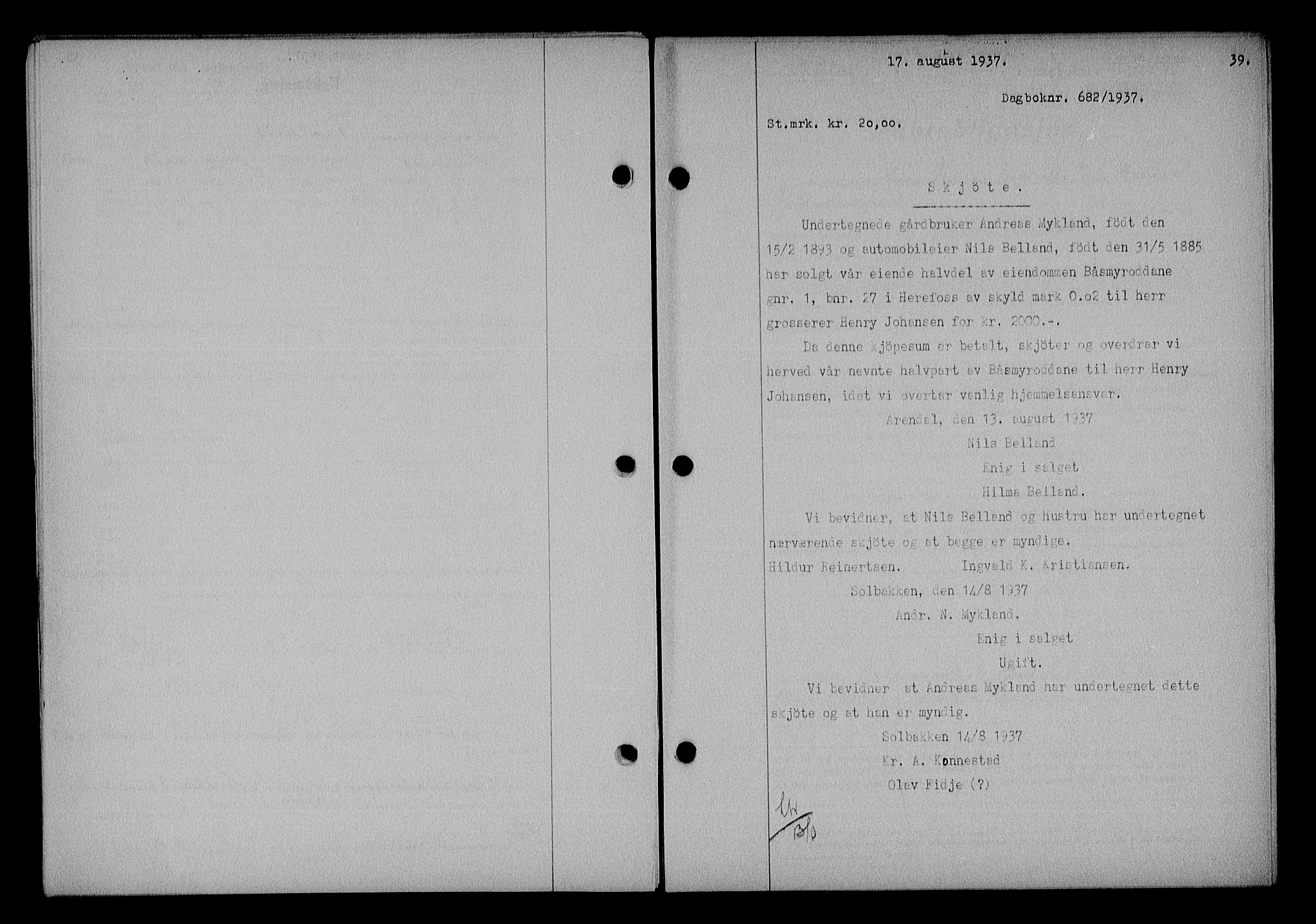 Nedenes sorenskriveri, SAK/1221-0006/G/Gb/Gba/L0044: Mortgage book no. 40, 1937-1938, Diary no: : 682/1937