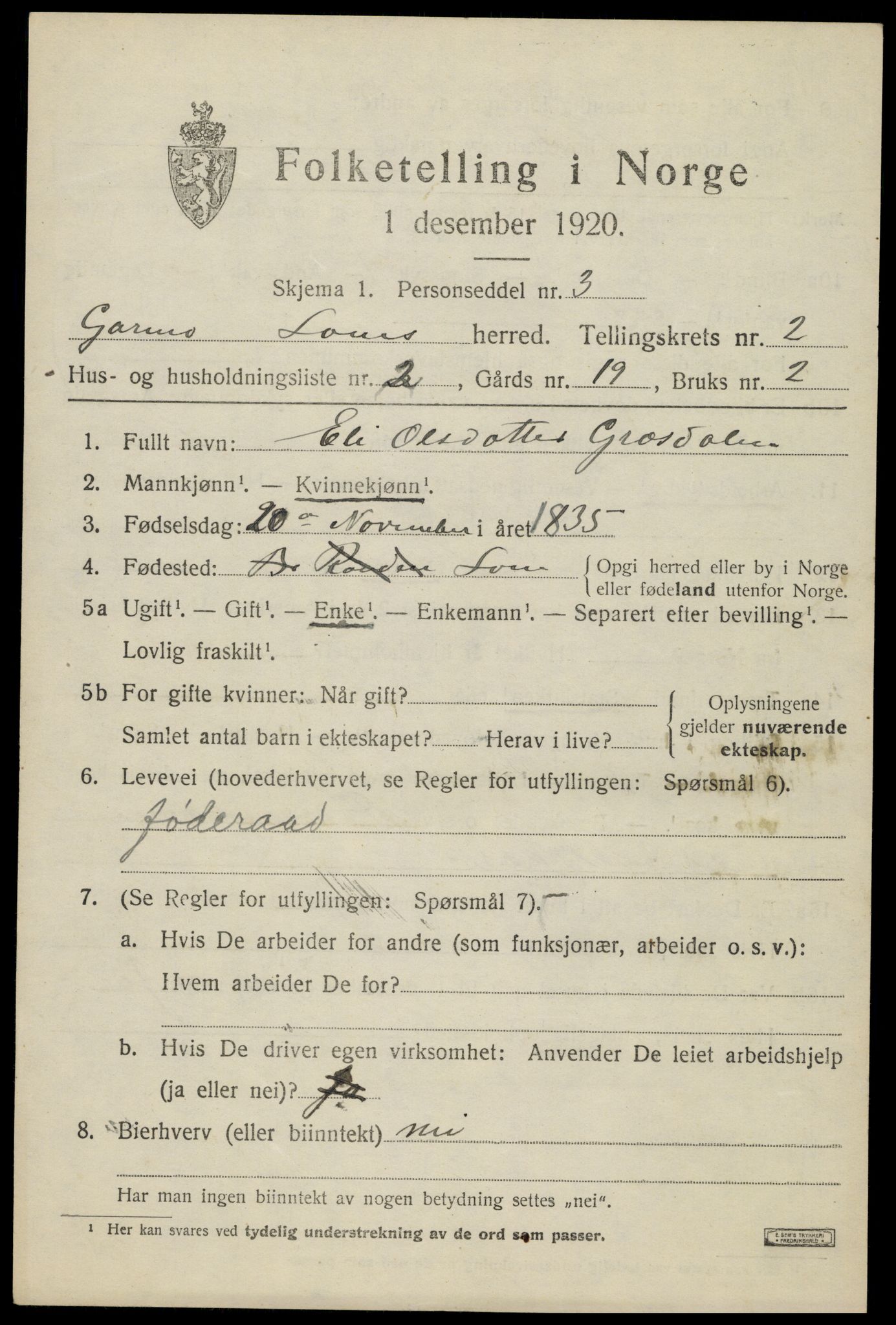 SAH, 1920 census for Lom, 1920, p. 1784