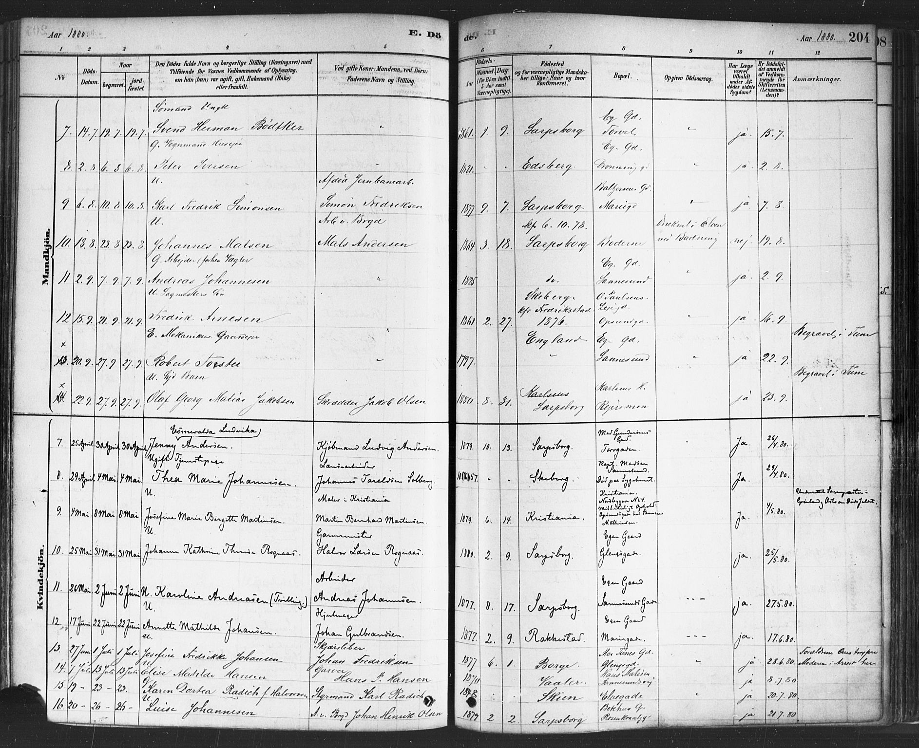 Sarpsborg prestekontor Kirkebøker, AV/SAO-A-2006/F/Fa/L0003: Parish register (official) no. 3, 1878-1891, p. 204