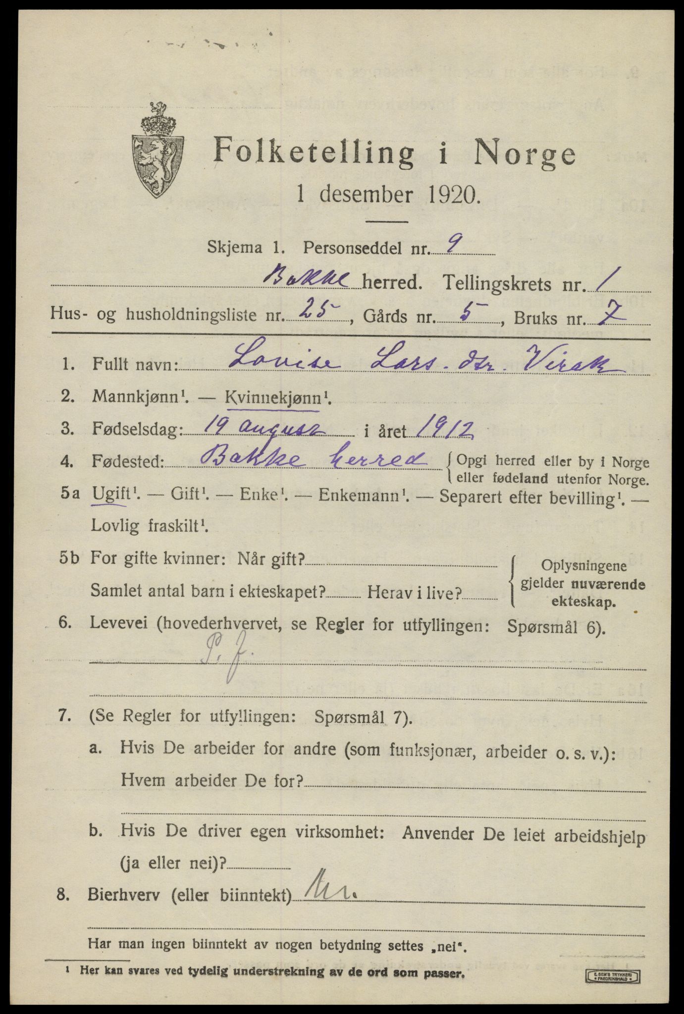 SAK, 1920 census for Bakke, 1920, p. 836