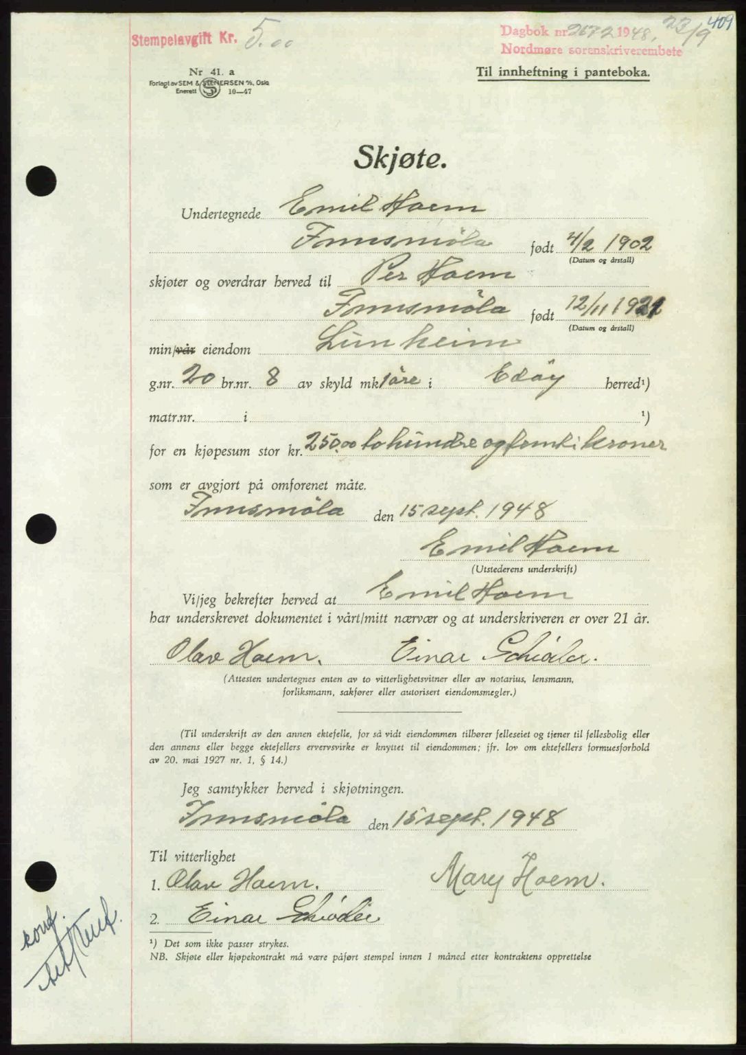 Nordmøre sorenskriveri, AV/SAT-A-4132/1/2/2Ca: Mortgage book no. A109, 1948-1948, Diary no: : 2672/1948