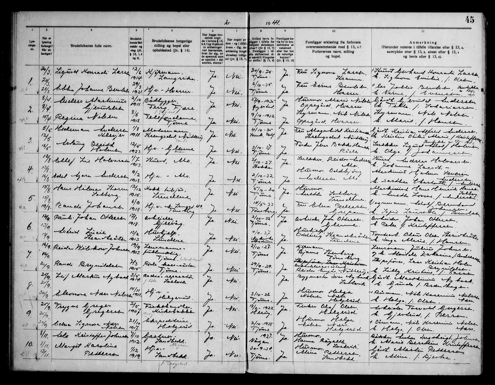 Tjøme kirkebøker, AV/SAKO-A-328/H/Ha/L0002: Banns register no. I 2, 1919-1962, p. 45